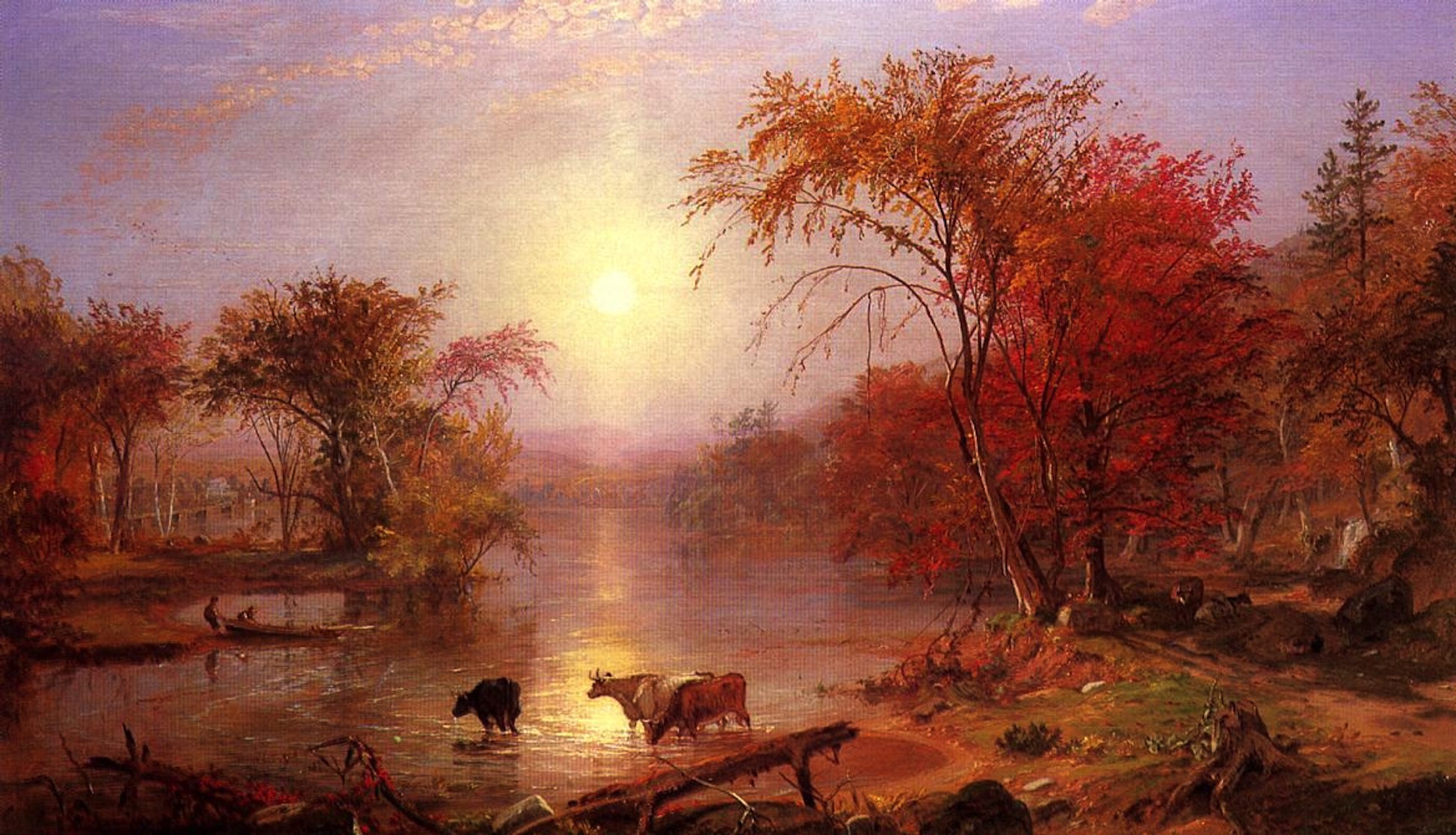brown cow near river surrounded by trees painting albert bierstadt 2k