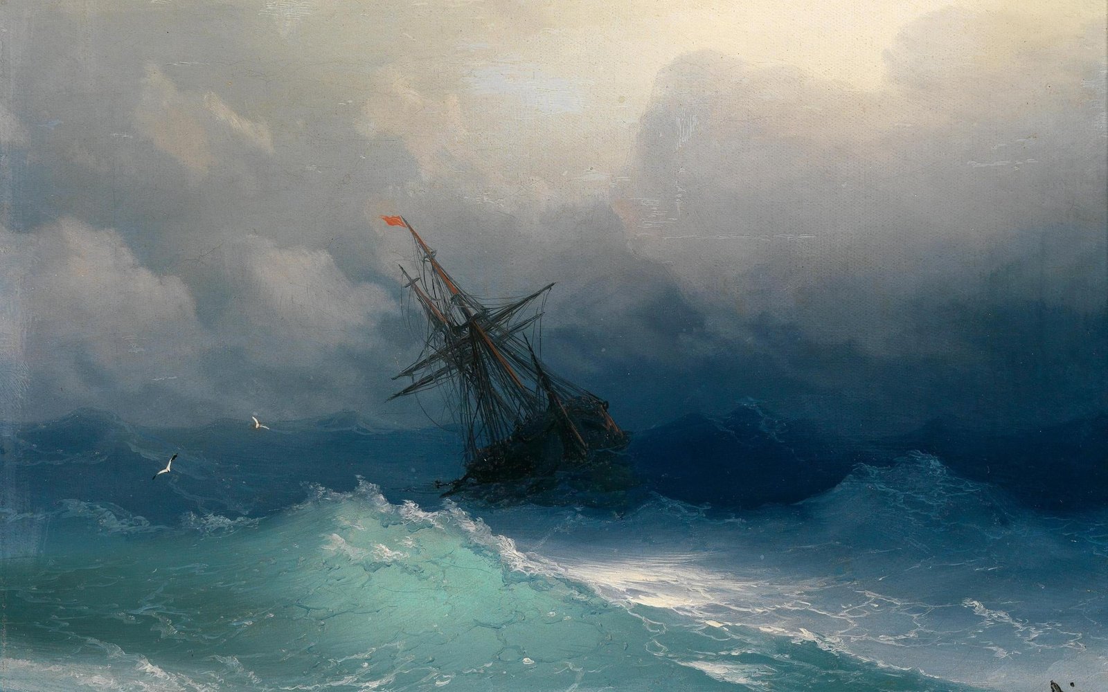 body of water painting Ivan Aivazovsky sea ship seagulls 2k