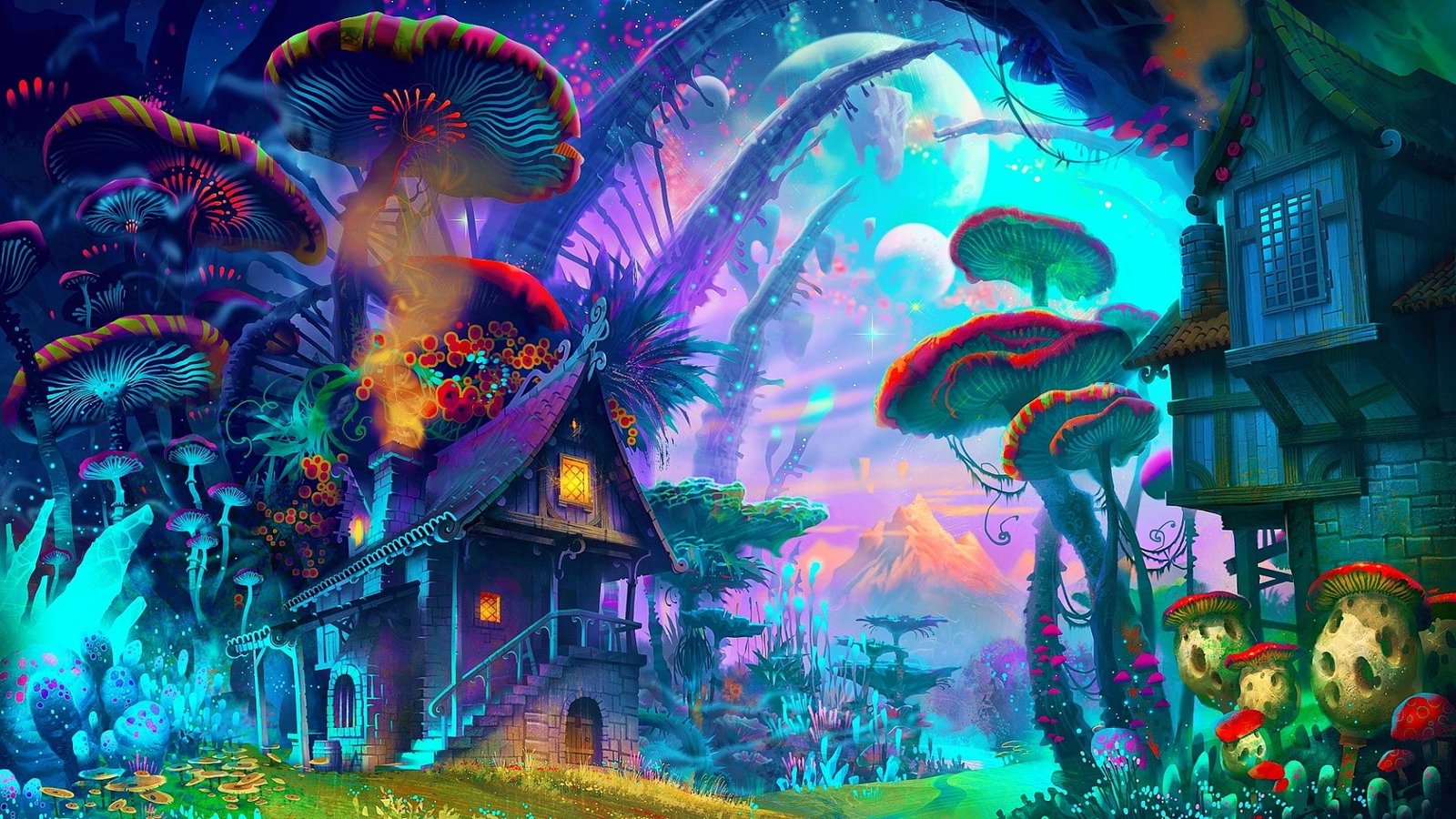 colorful plants psychedelic house fantasy art mushroom 2k