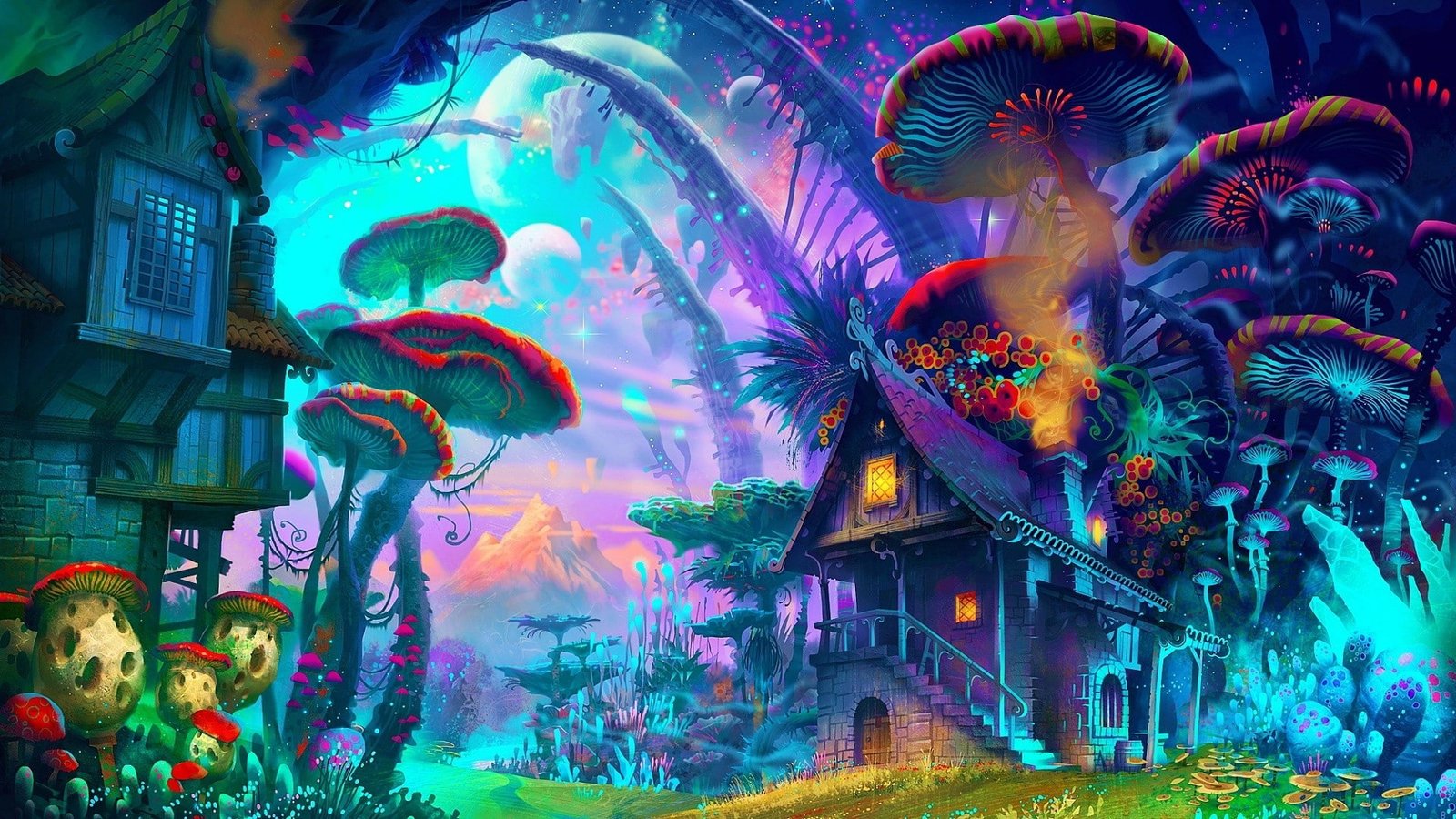 fantasy art drawing nature psychedelic colorful house mushroom planet plants mountain 2k