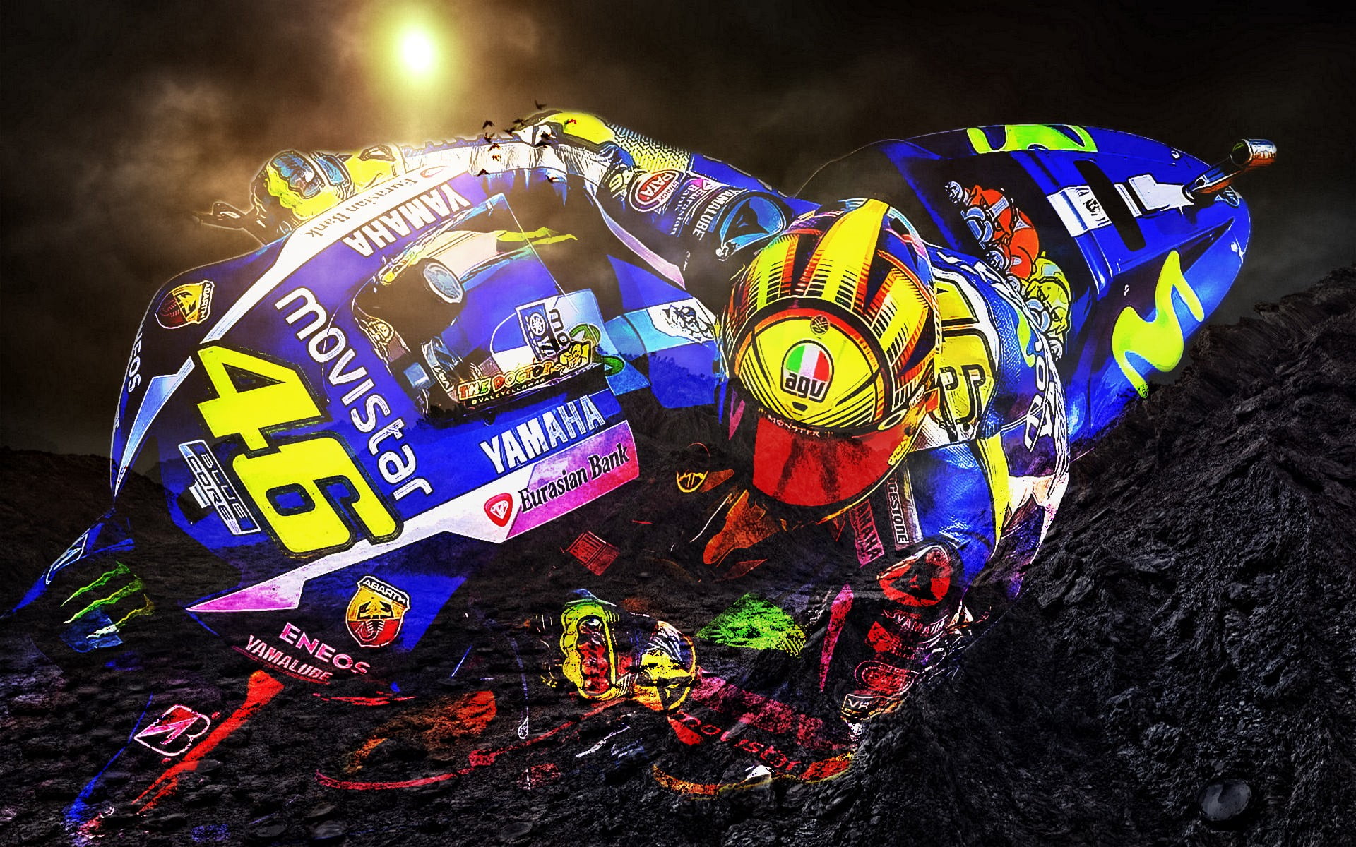 multicolored Movistar racing motorcycle illustration Valentino Rossi 2k