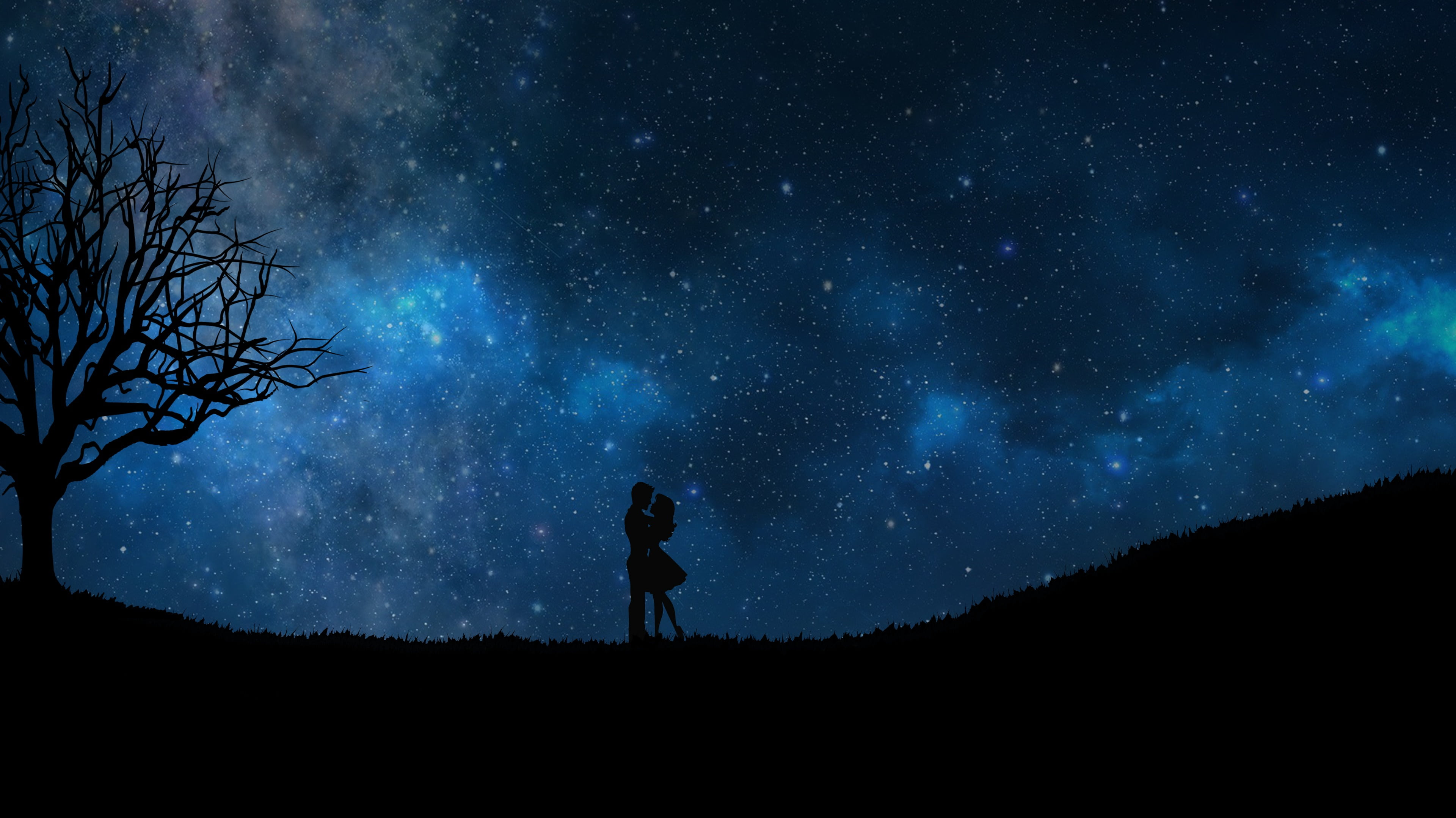 silhouette of man and woman under the starry night romance love 2k 4k