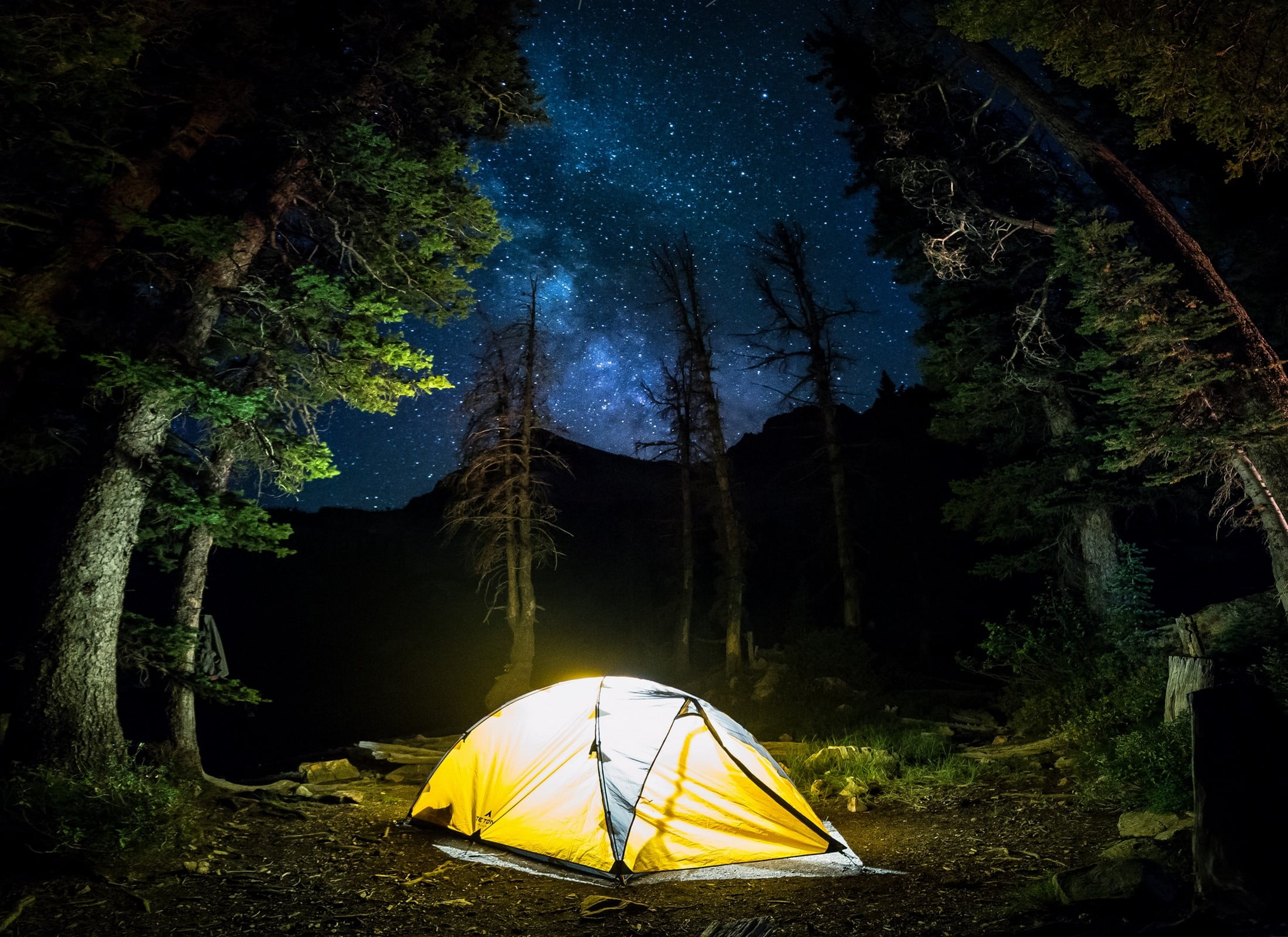 yellow dome tent nature landscape camping forest starry night 2k