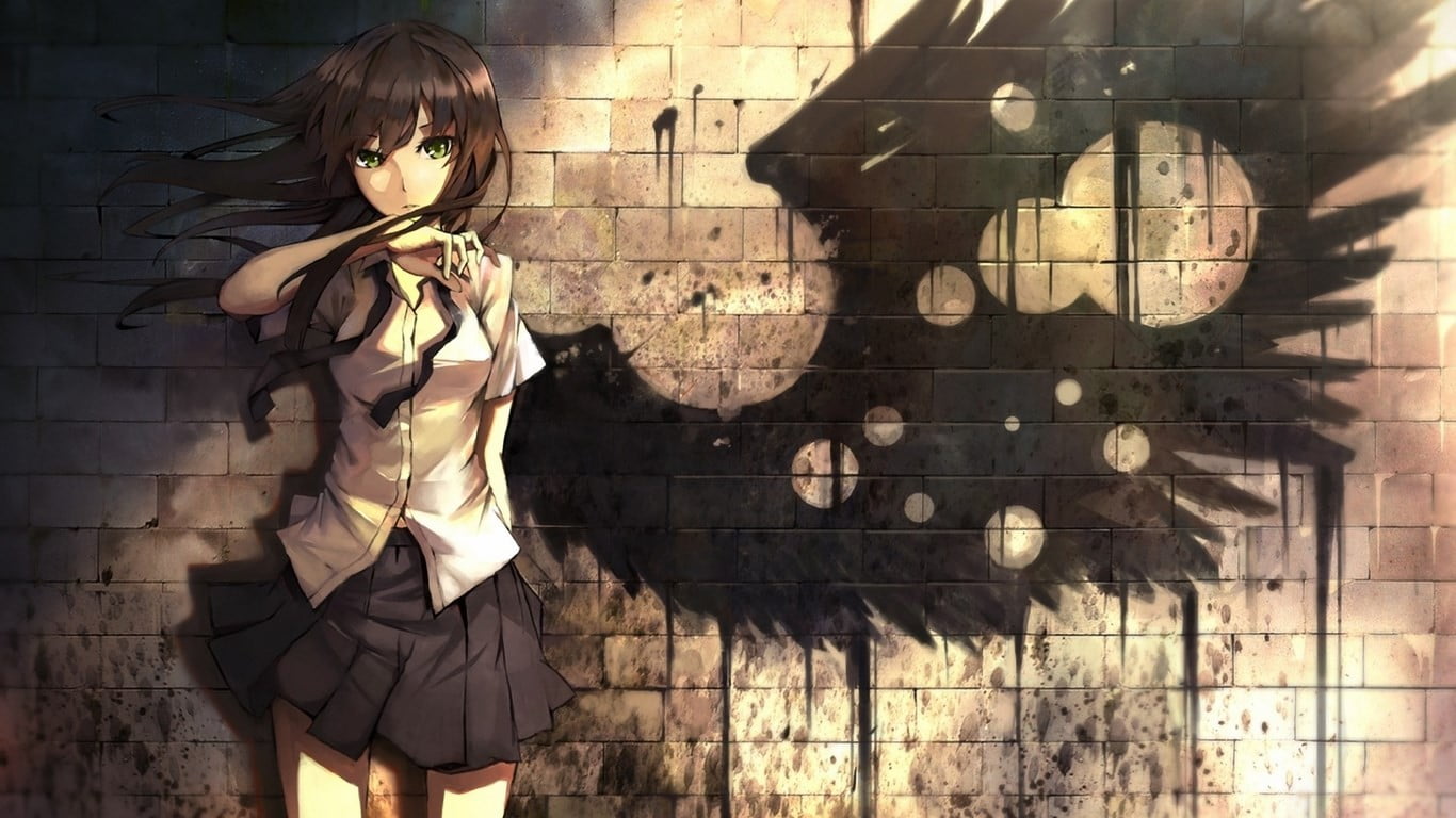 black haired female anime character wallpaper wings bricks 48