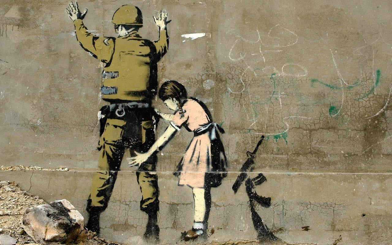 children Banksy graffiti real people full length one person
