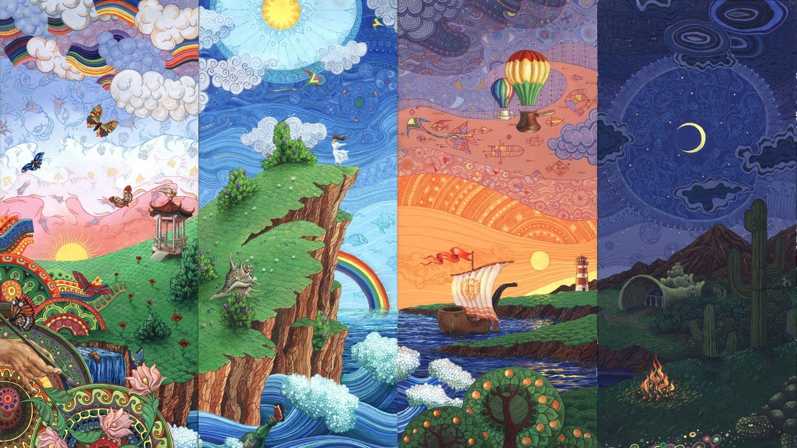 multicolored landscape paintings collage digital art nature 2k