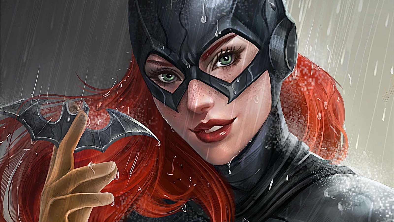 girl fantasy rain green eyes comics redhead artwork mask 2k