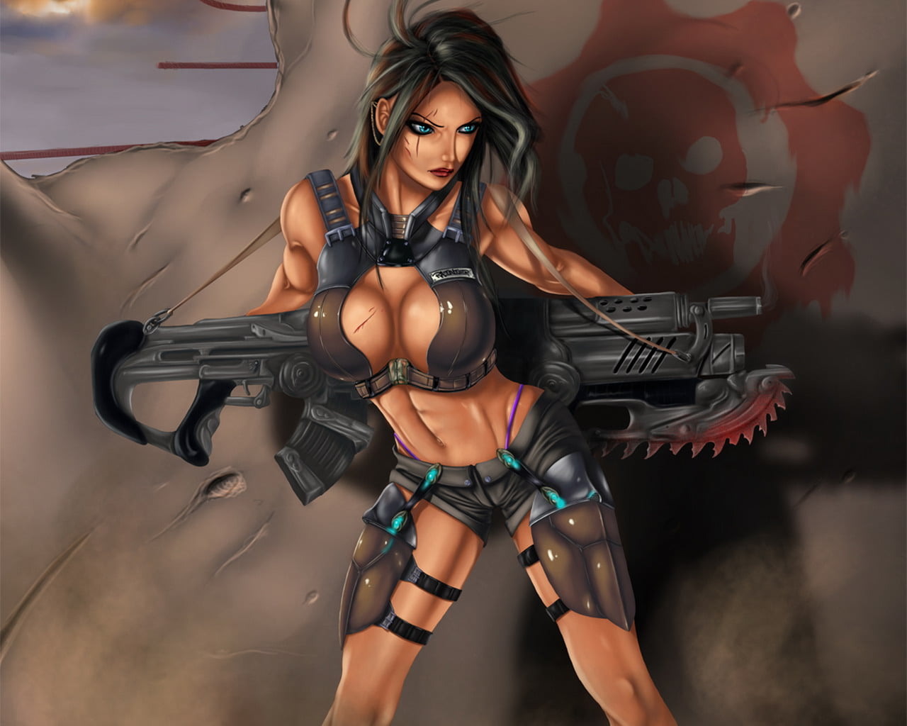 Gears of War character digital wallpaper girl weapons blood