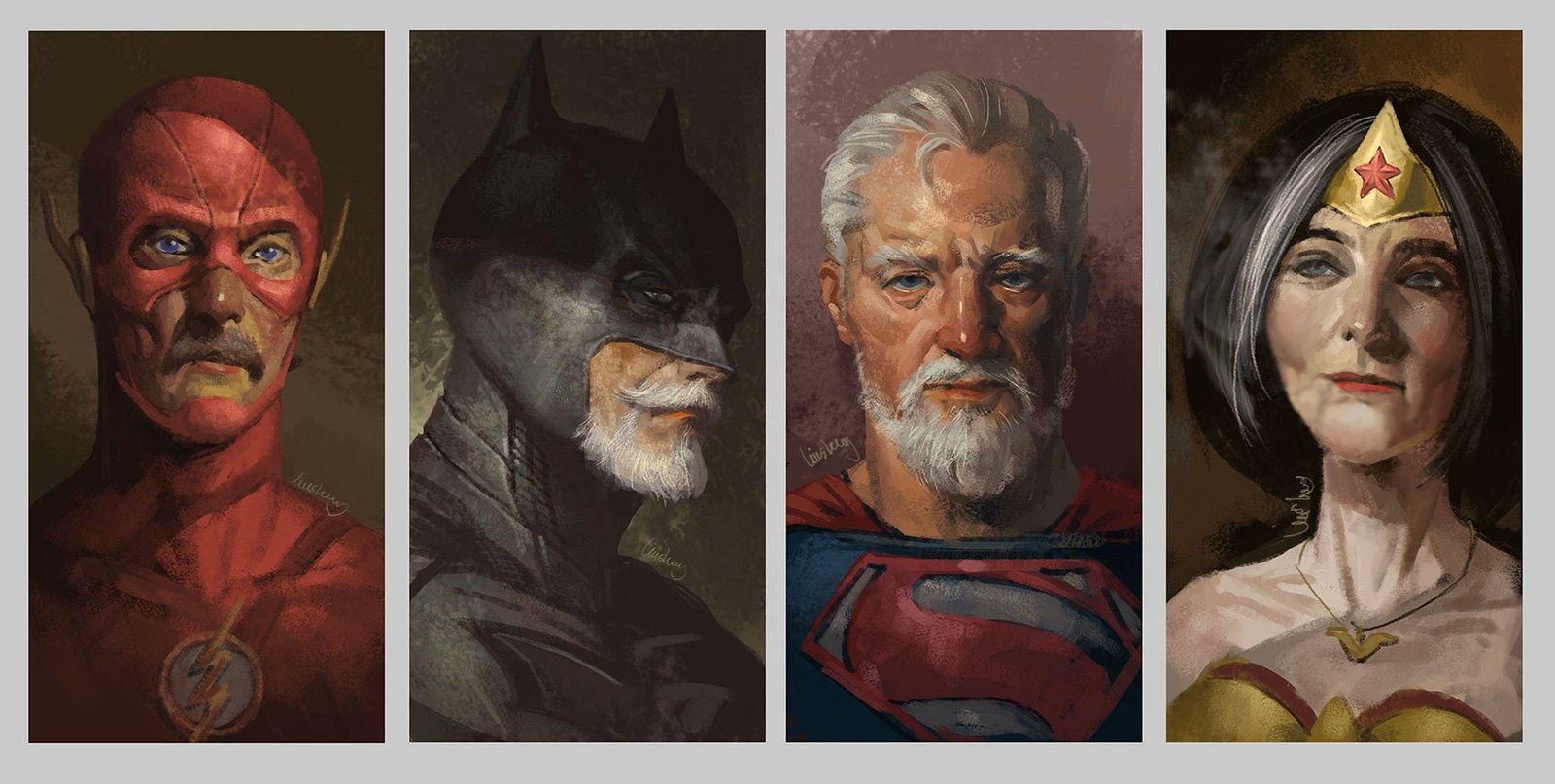 assorted super heroes illustration collage DC Flash Superman Wonder Woman and Batman photograph 2k