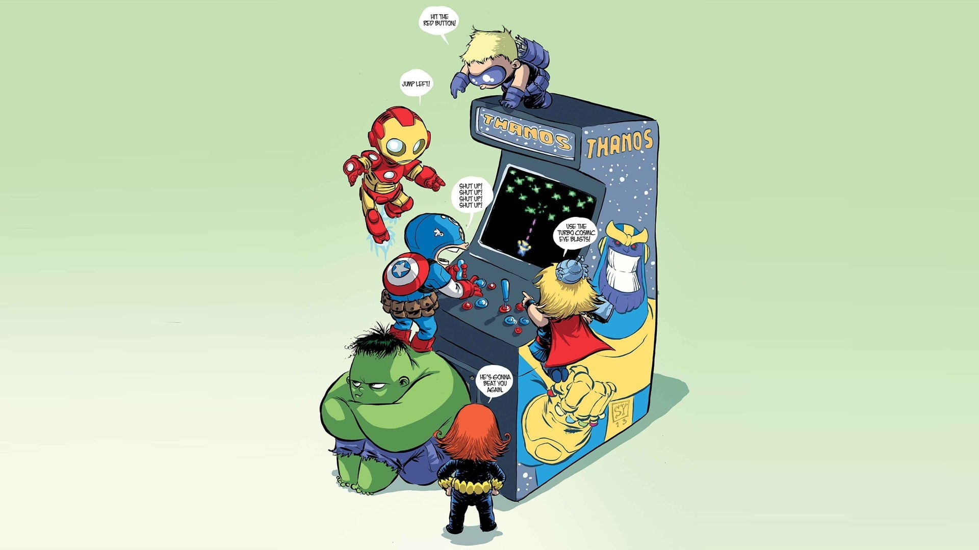 Marvel Superhero on arcade machine illustration artwork The Avengers 2k