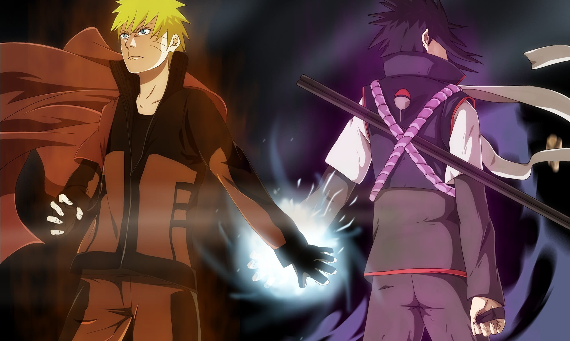 Naruto and Sasuke digital wallpaper sword war anime katana 2k
