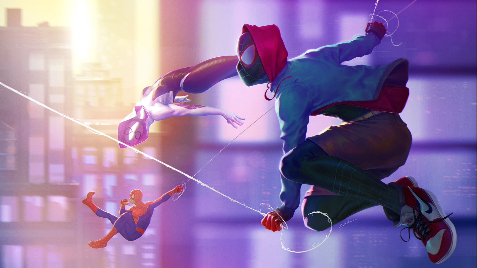 Spider Man artwork superhero Peter Parker Gwen Stacy Miles Morales 2k