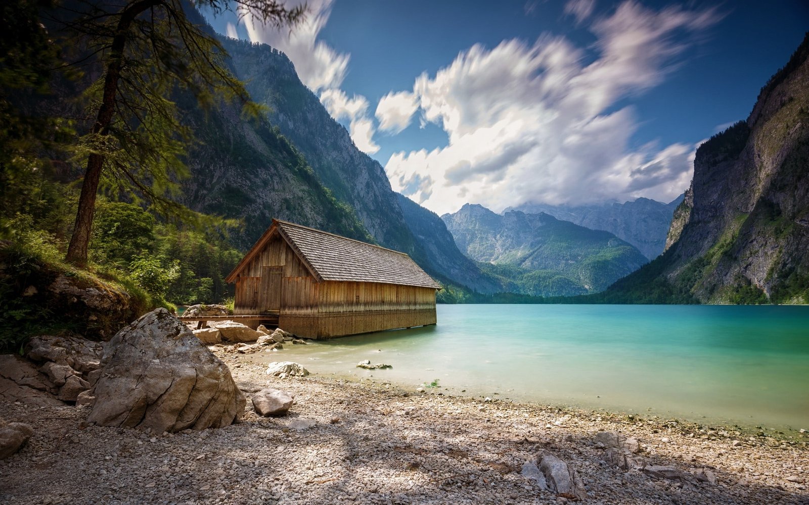 brown cabin landscape nature boathouses lake summer mountains 2k