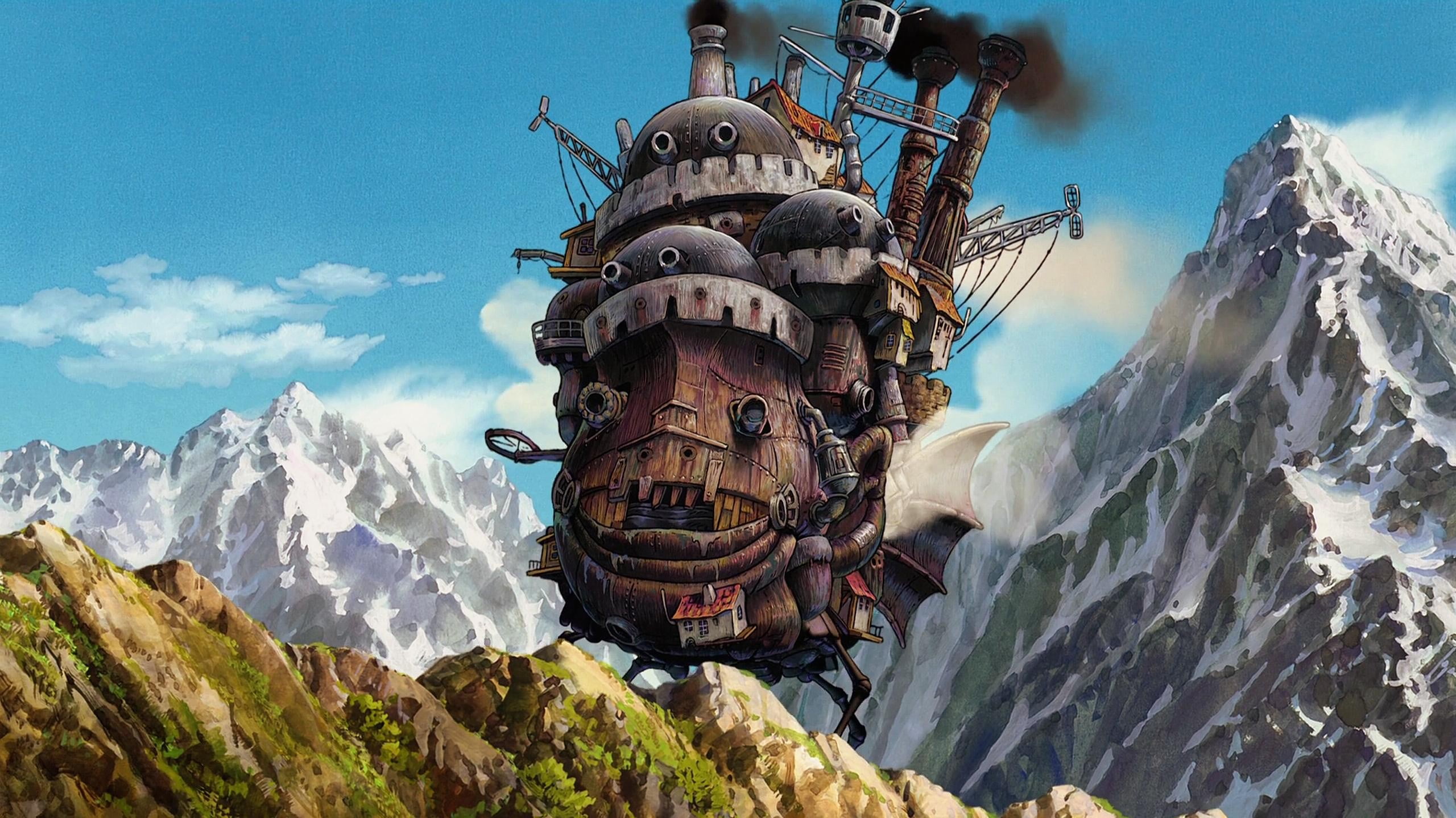 brown flying ship illustration anime Howl s Moving Castle Studio Ghibli 2k