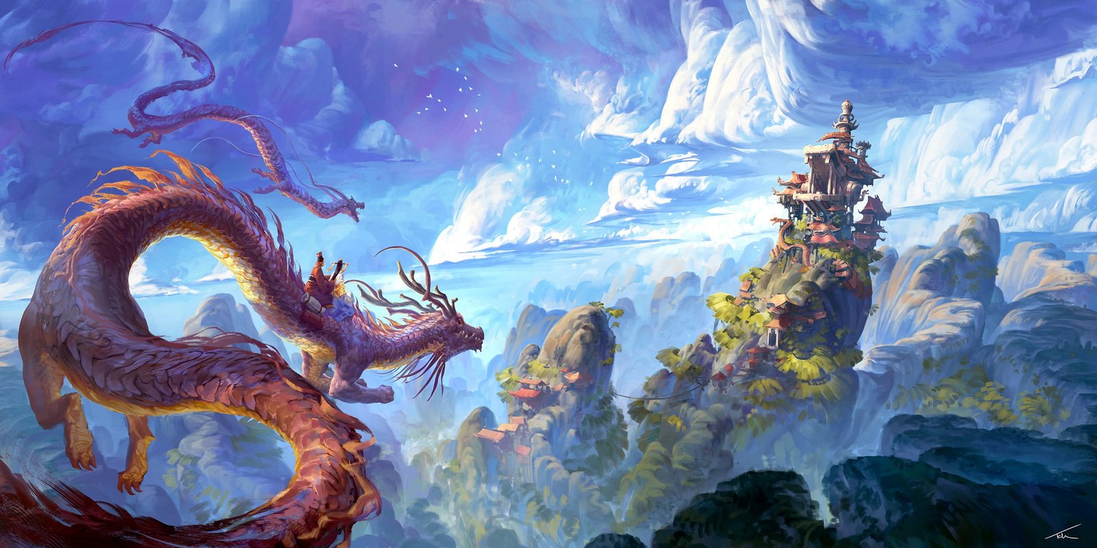 China house fantasy sky landscape nature clouds hills 2k