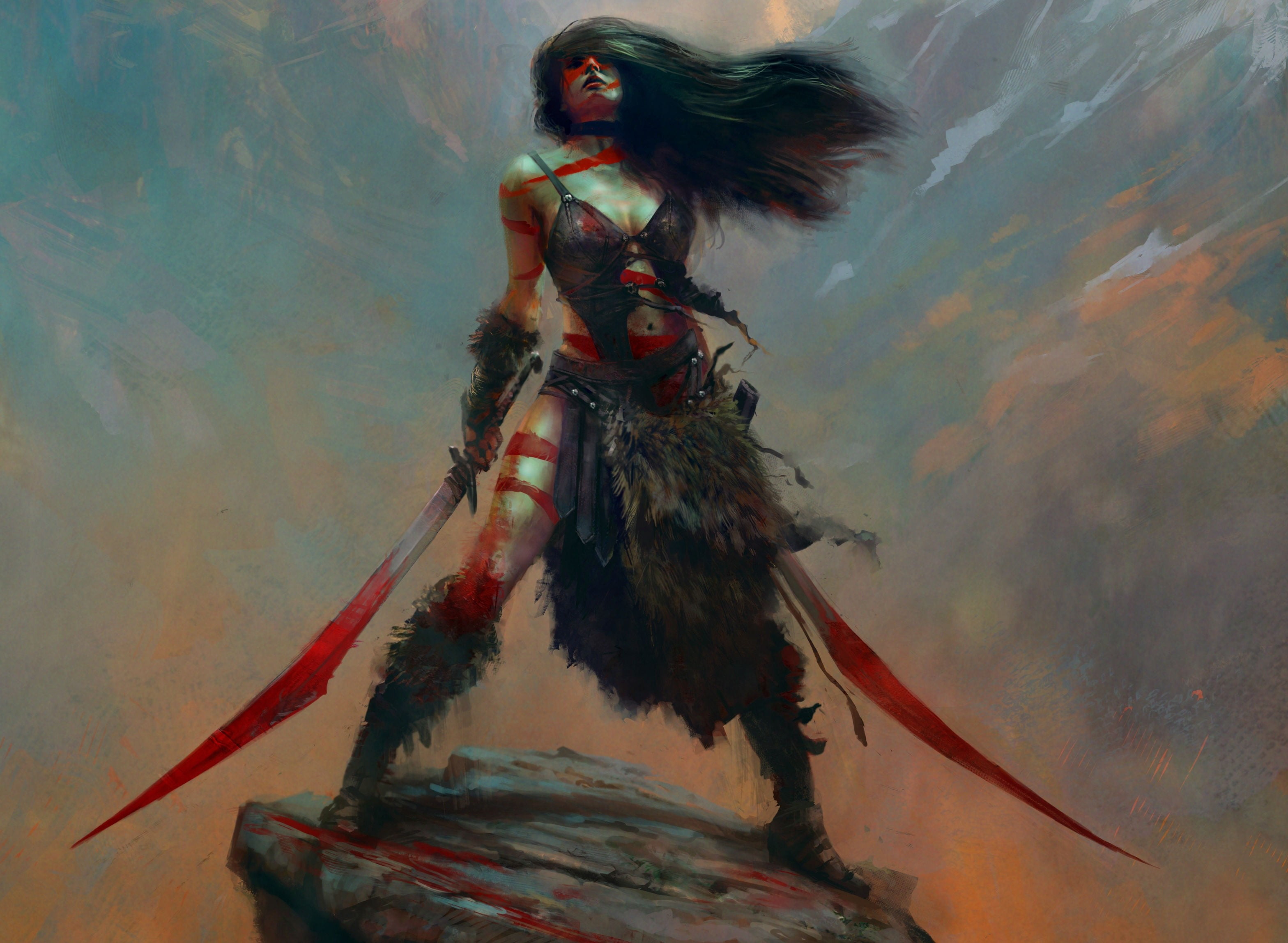 female character holding two swords painting artwork fantasy art 2k