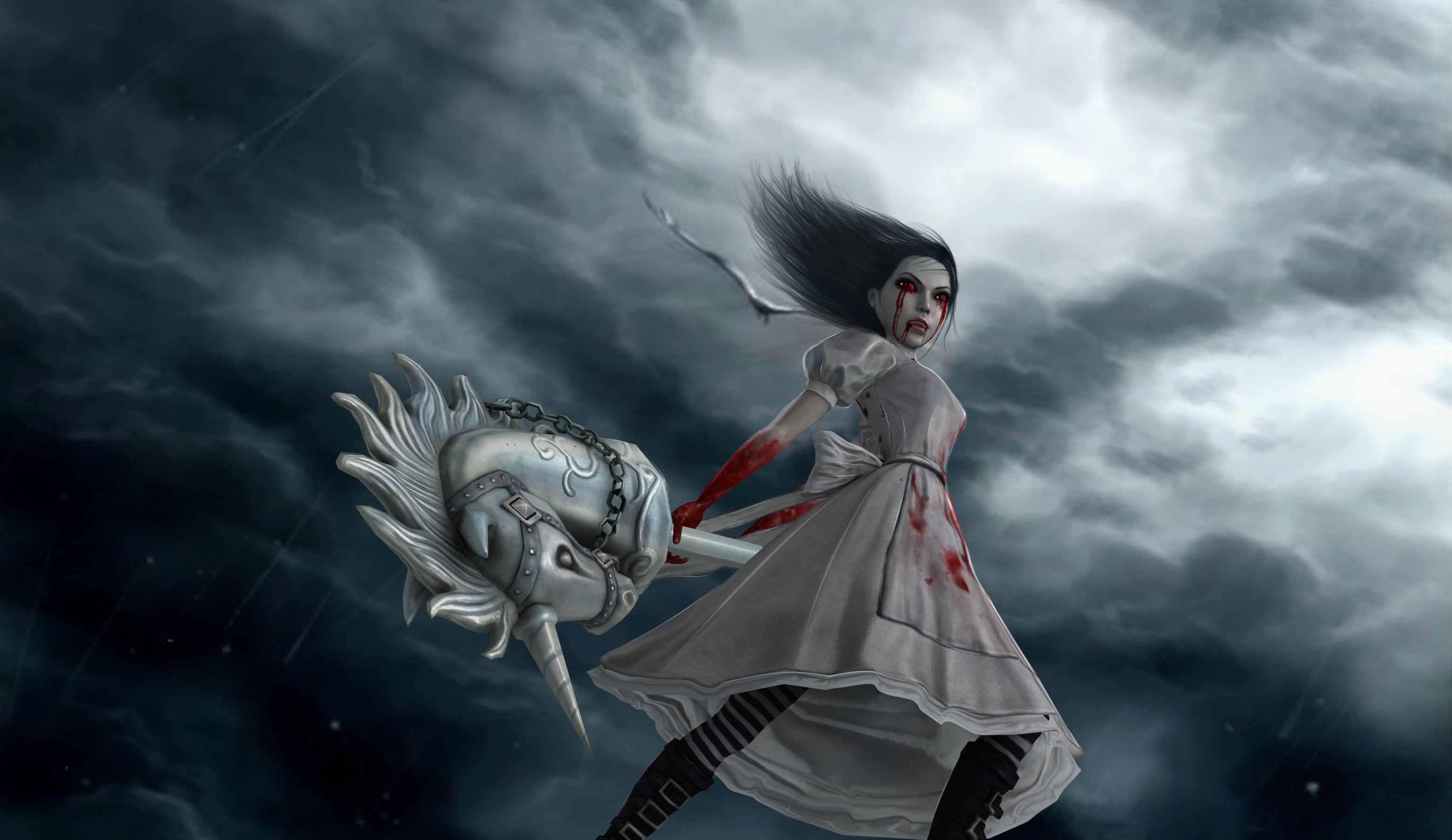 girl standing holding unicorn staff wallpaper alice madness returns 2k
