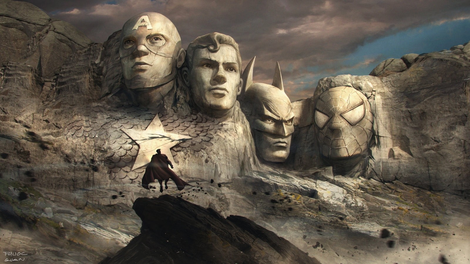 Mount Rushmore with Captain America Superman Batman and Spider Man face carved wallpaper 2k