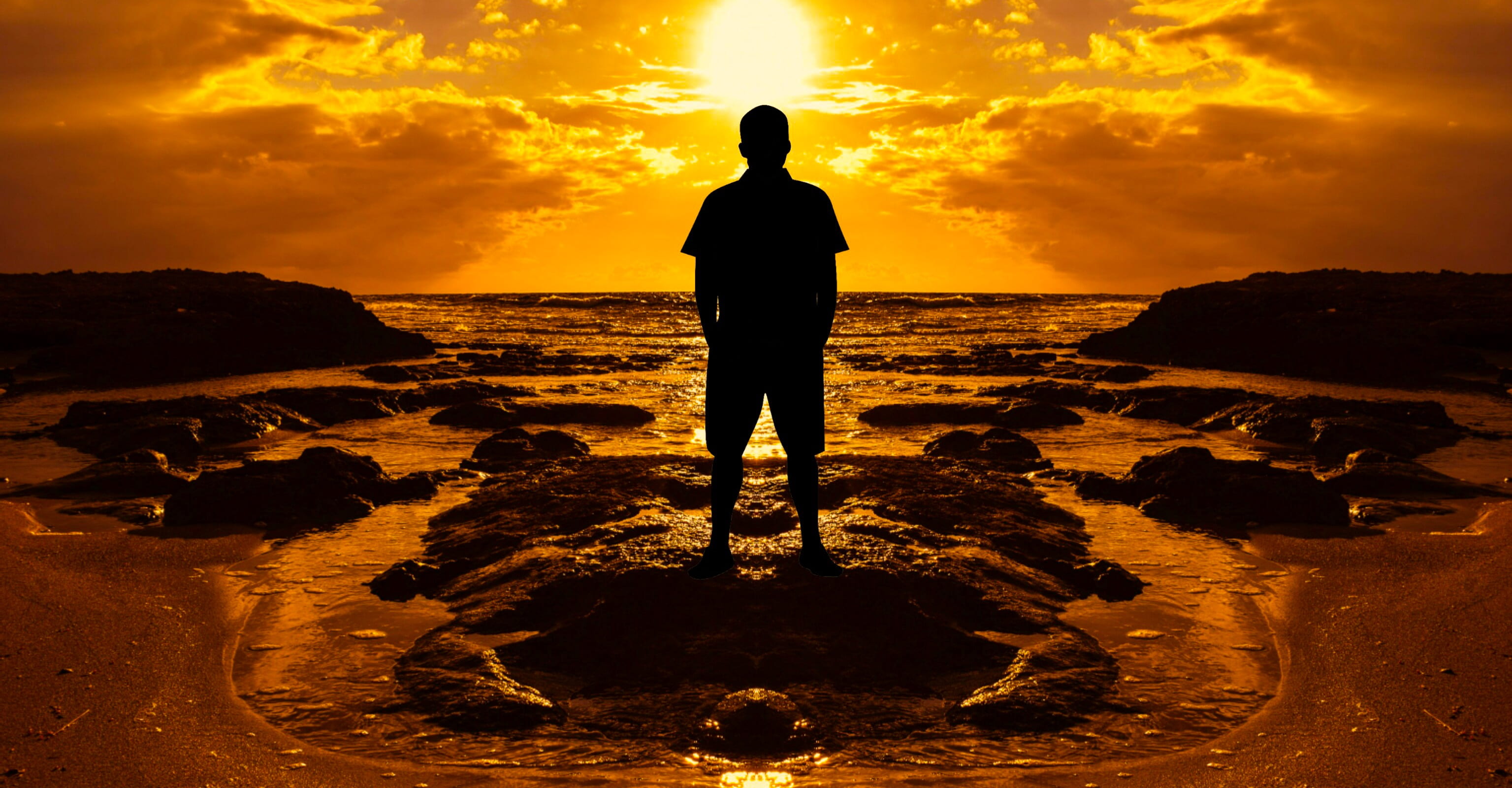 silhouette of a man standing on rock beach clouds dawn dusk 2k