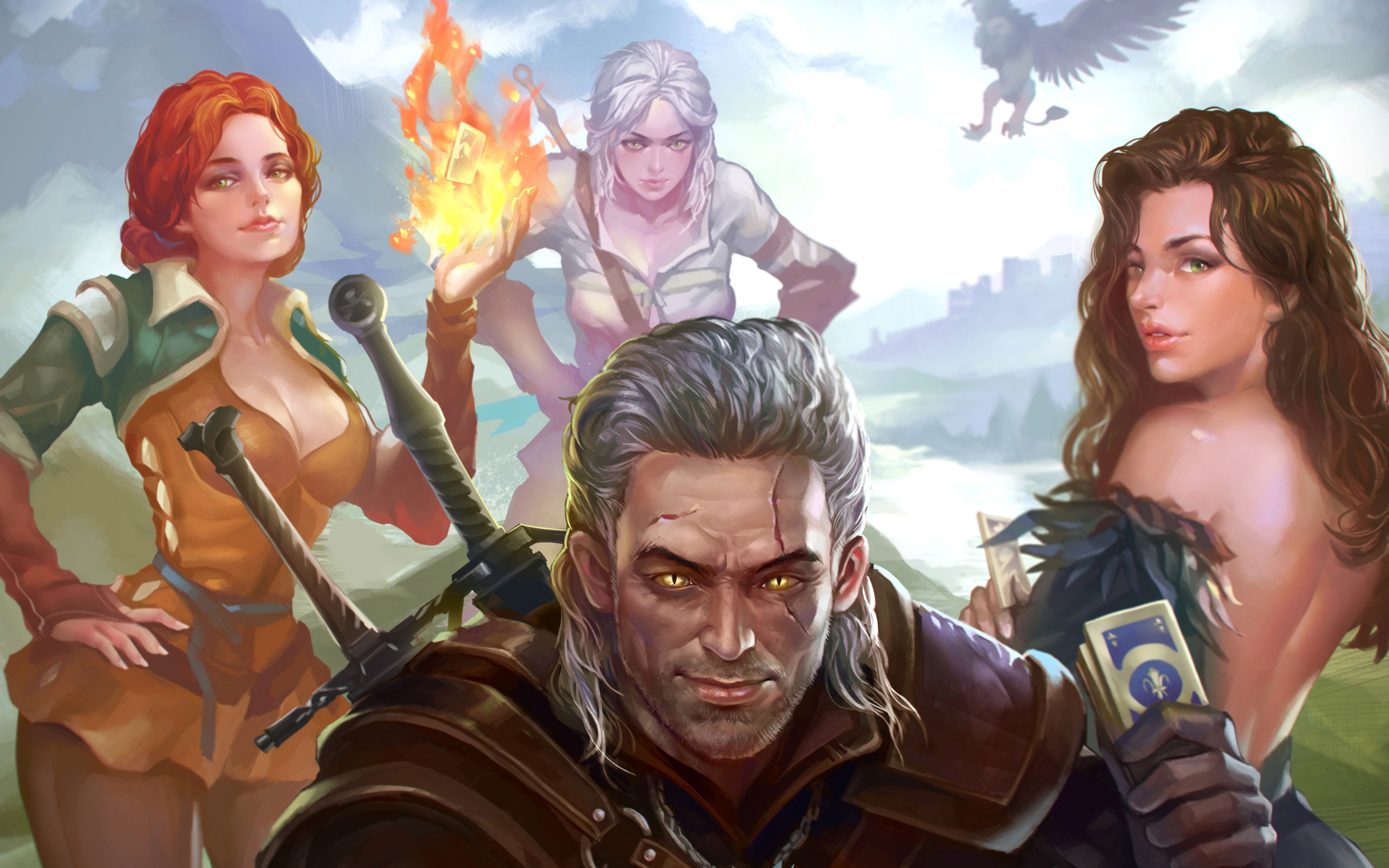 three women and one man digital game character wallpaper artwork 2k