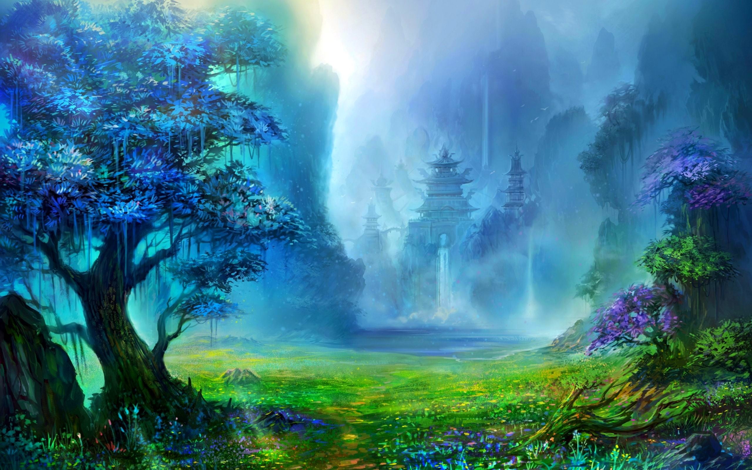 castle painting fantasy art pagoda Asian architecture trees 2k