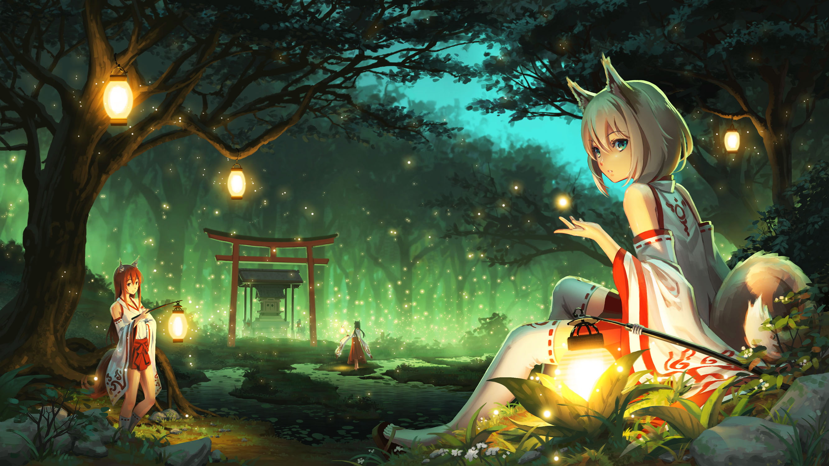 fireflies anime girls forest kimono cat ears 2k