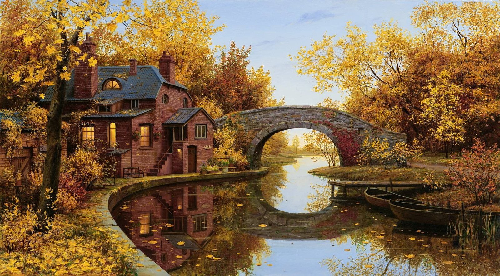 red and gray concrete house bridge over body of water reflection 2k