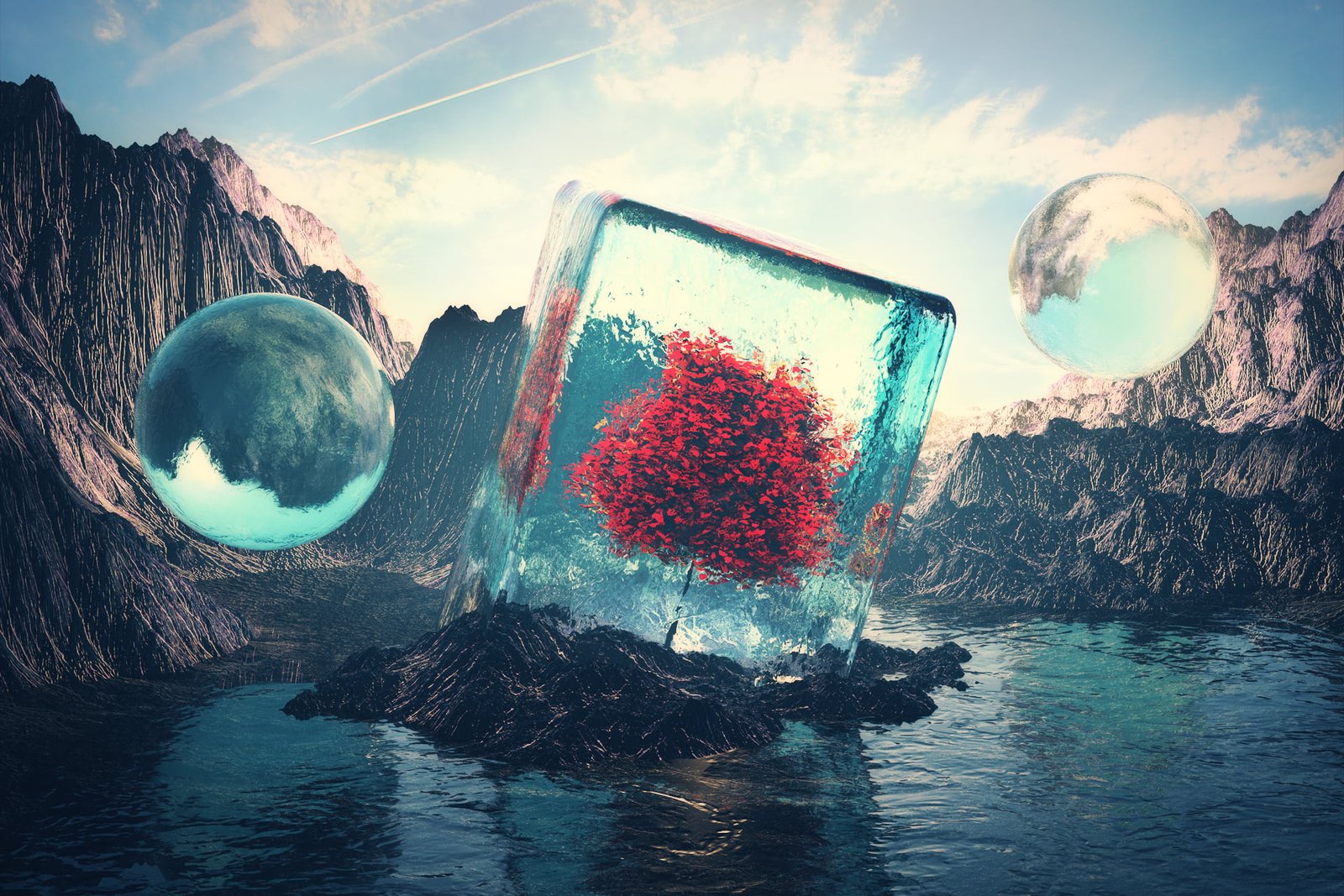 red leafed tree body of water wallpaper landscape 2k