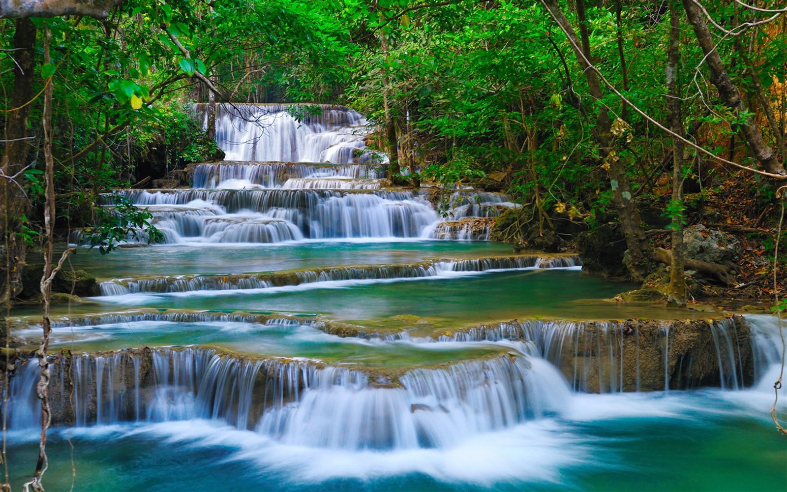 Tropical Cascade Waterfall In Kanchanaburi Thailand Nature Forest Green Turquoise Water Rocks Background Hd 2k