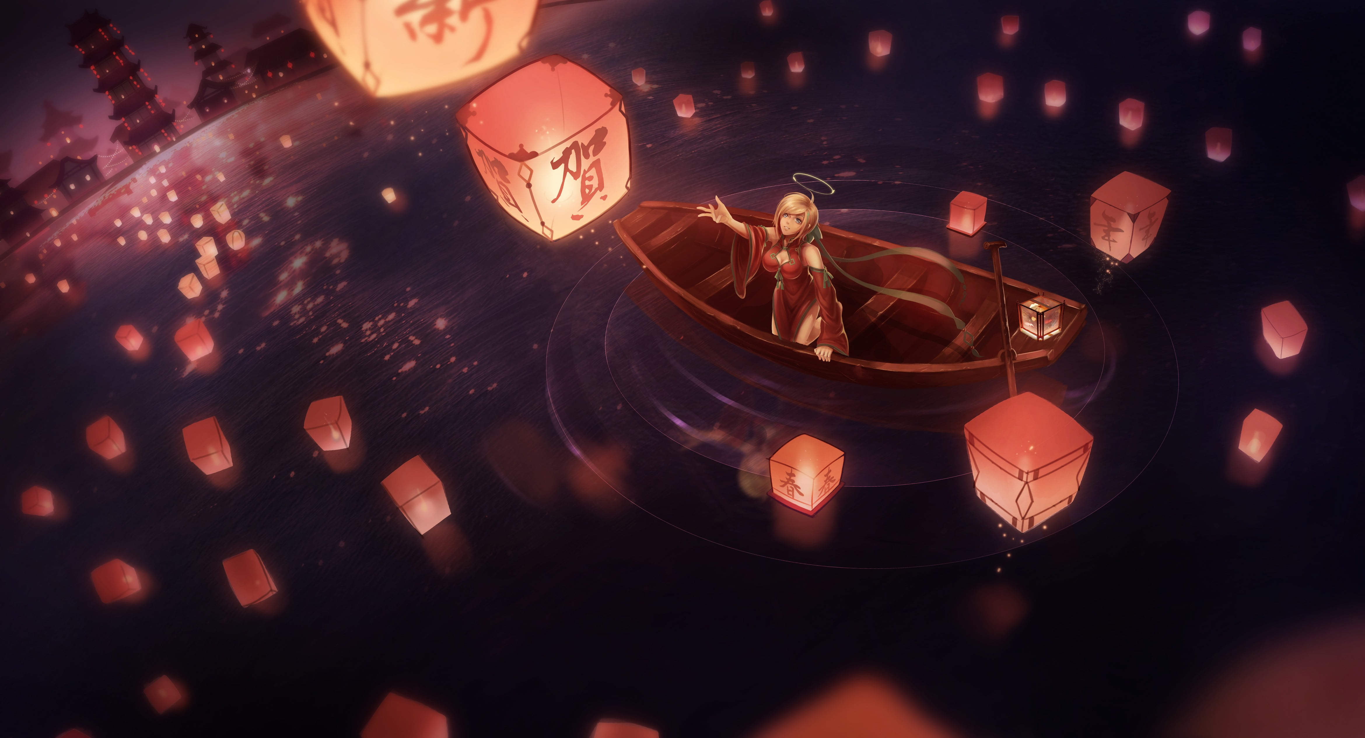woman surrounded with lanterns anime illustration sky 2k 4k 5k