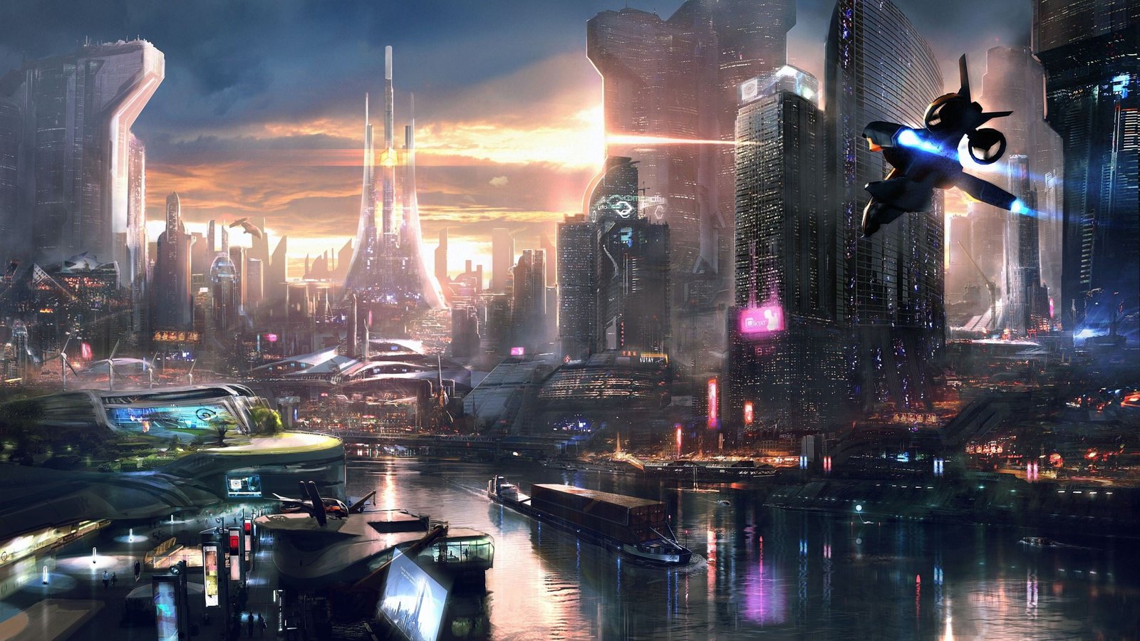 black and blue plane flying near city buildings by the body of water digital wallpaper building 2k