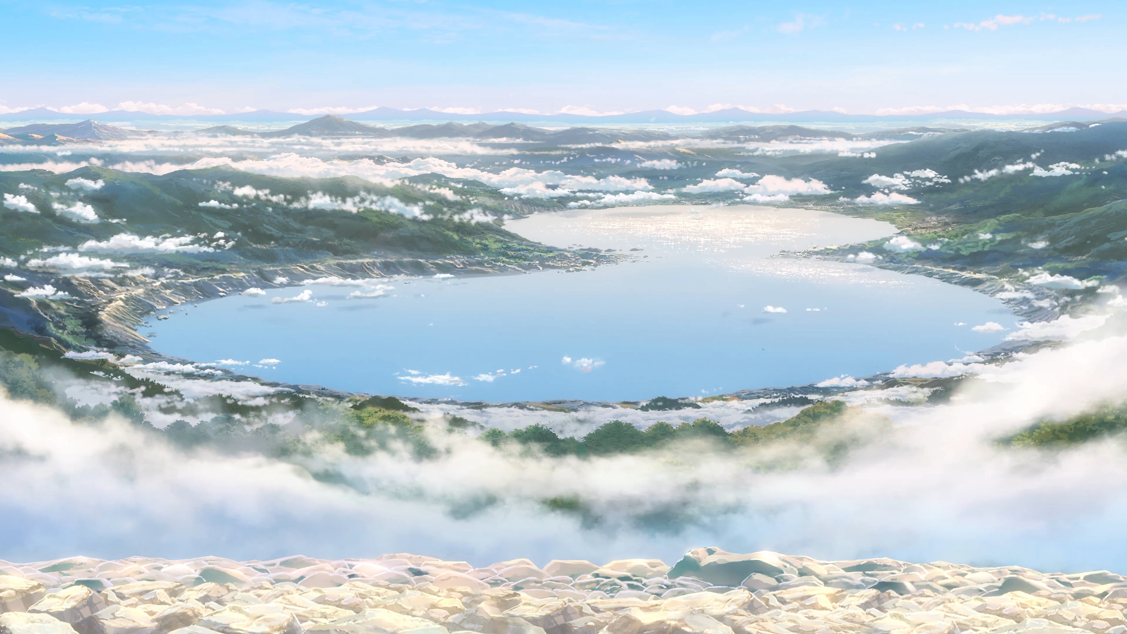 blue lake and green mountains Makoto Shinkai Kimi no Na Wa 2k 4k