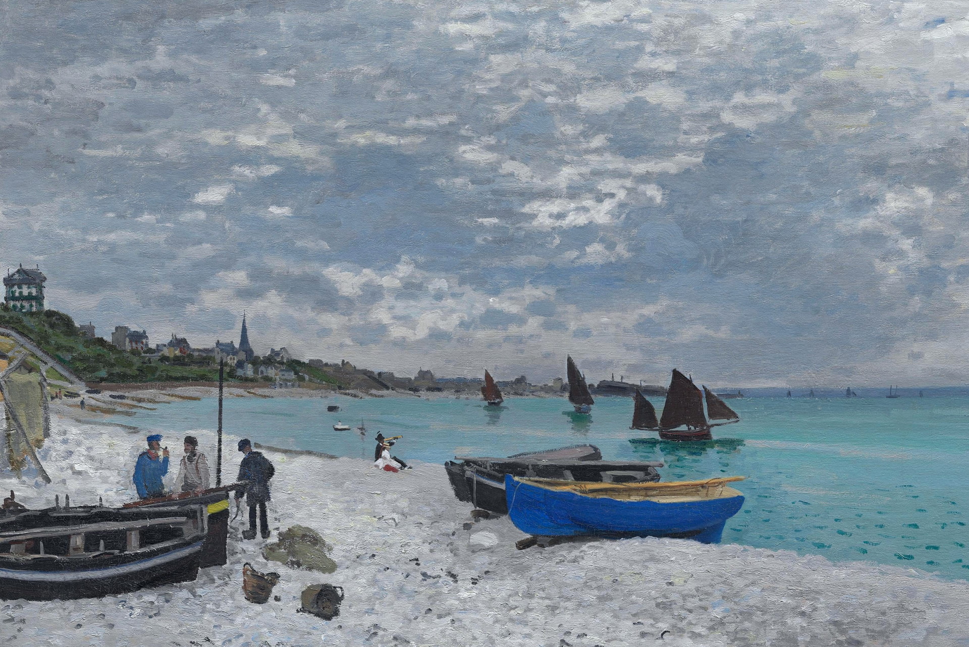 landscape boat picture sail Claude Monet The beach at Sainte Adresse 2k