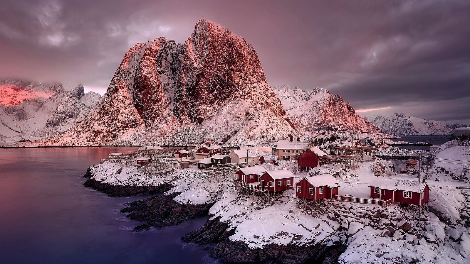 nature winter mountain lofoten islands snow reine norway 2k