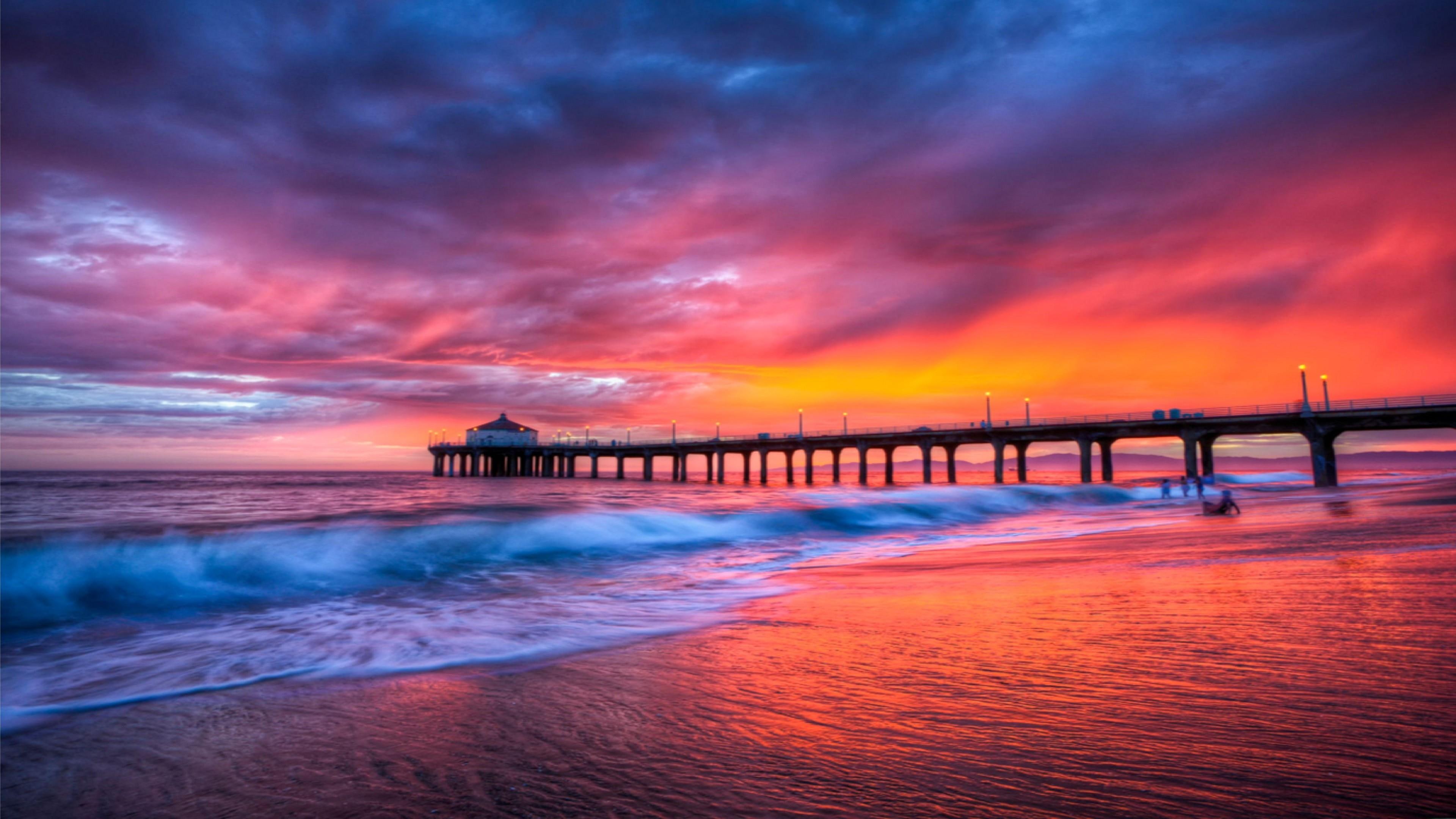 shore pink sky clouds evening united states manhattan beach 2k 4k