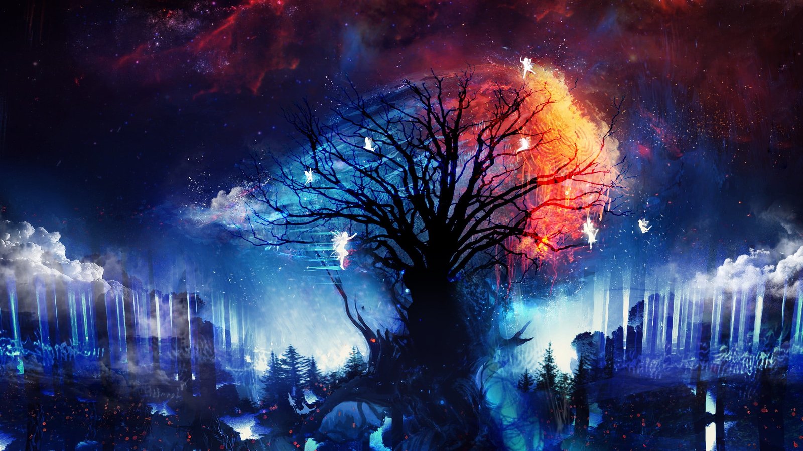 silhouette of leafless tree under night sky digital wallpaper 2k