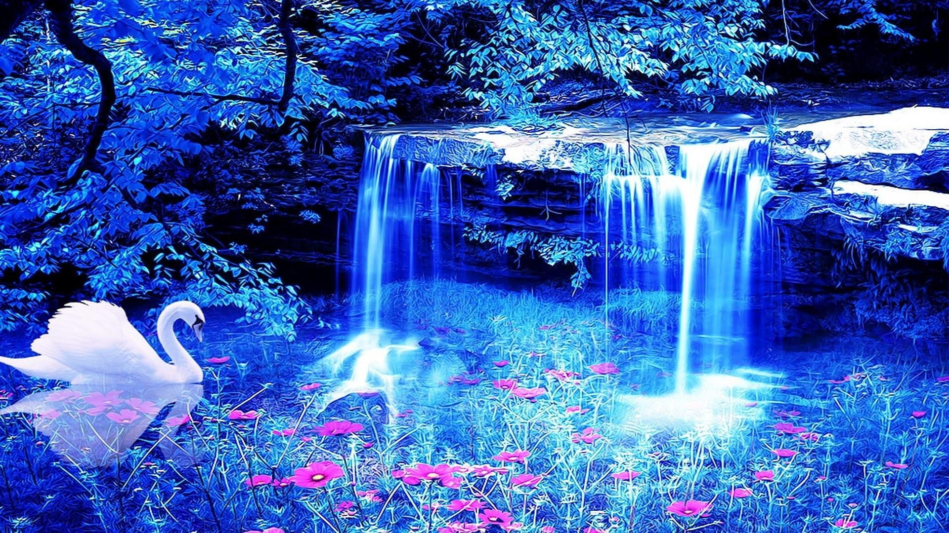 swan waterfall fantasy art dream nature 2k