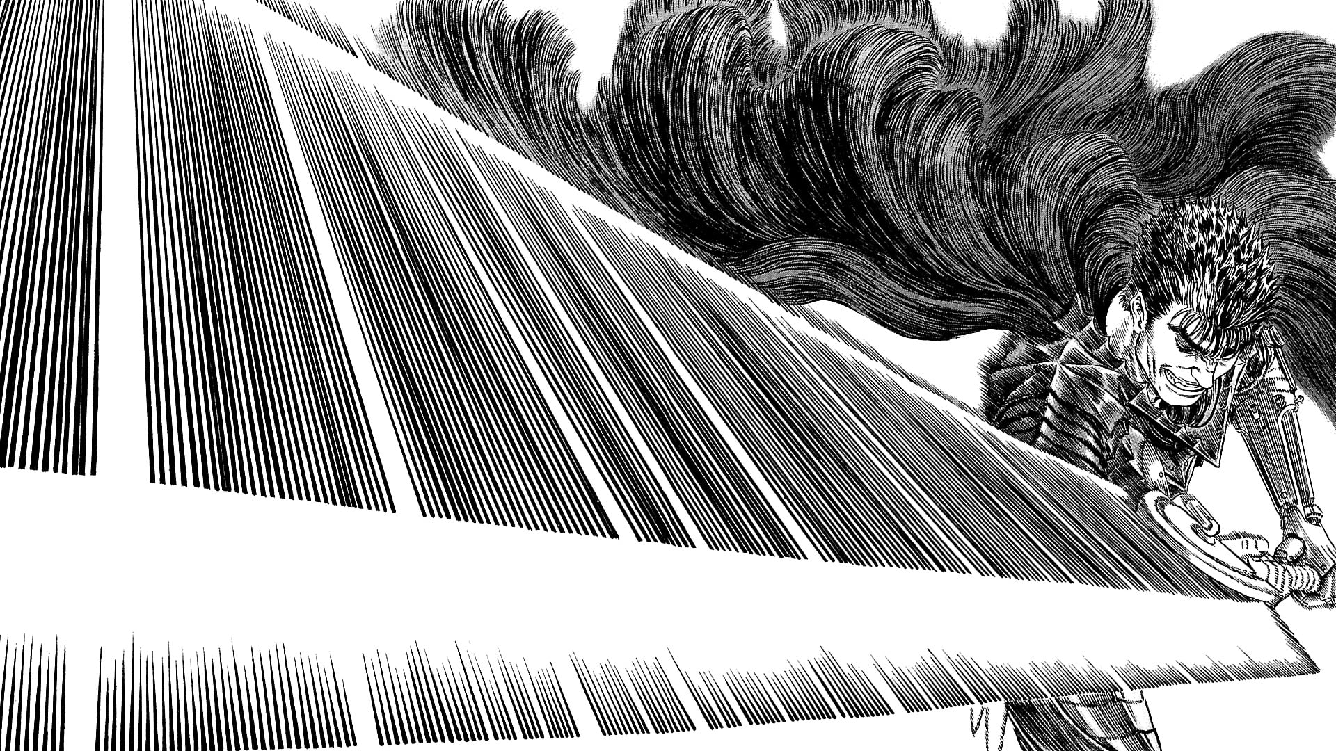 Berserk Guts illustration Kentaro Miura low angle view palm tree 2k