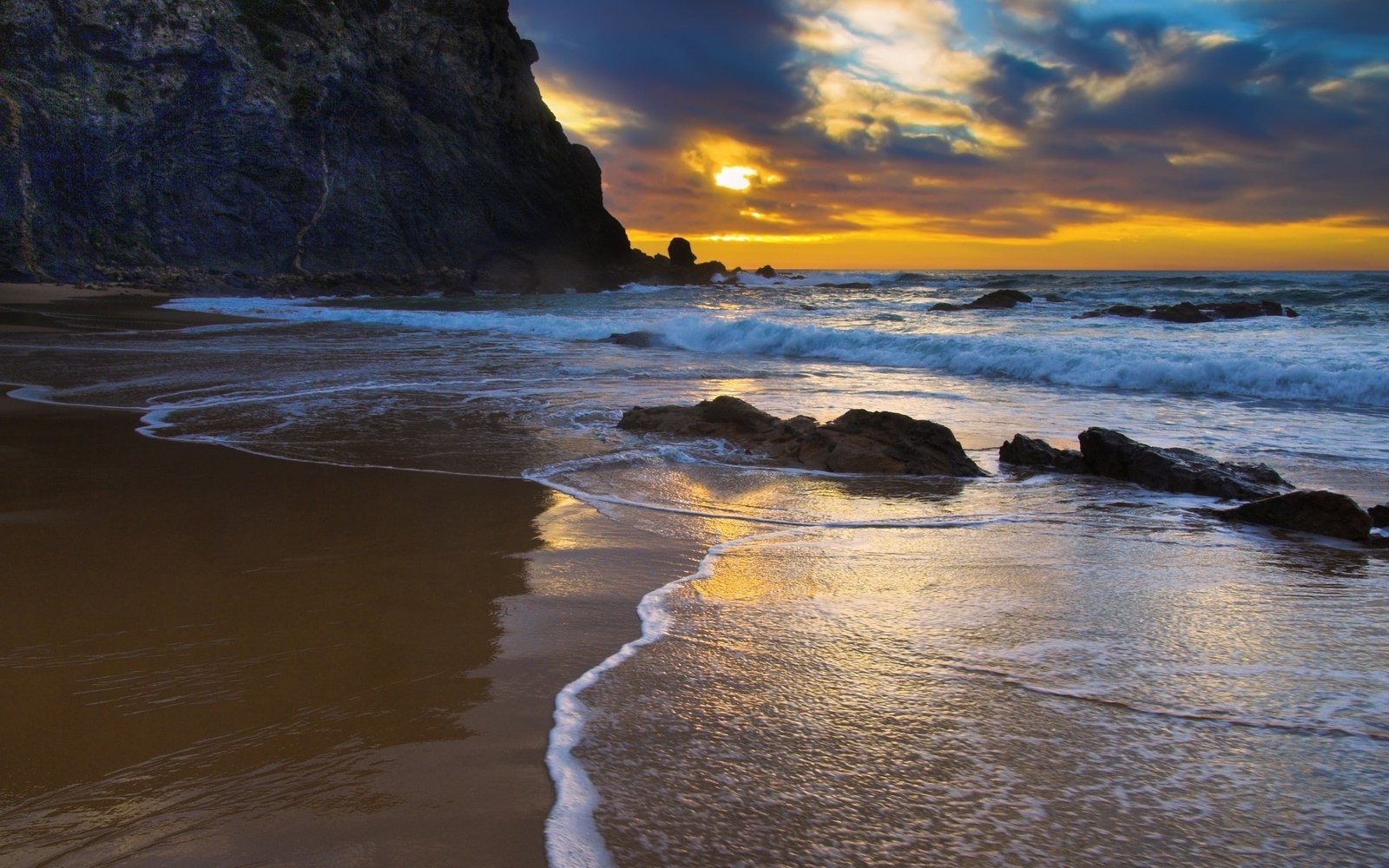 coast nature waves beach cliff rock sunset landscape 2k