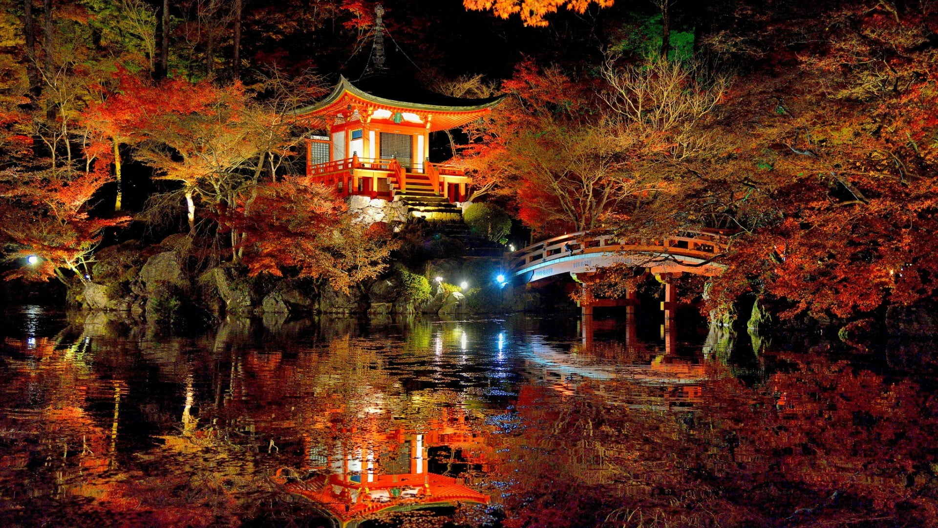 red and white pagoda during night nature trees 2k