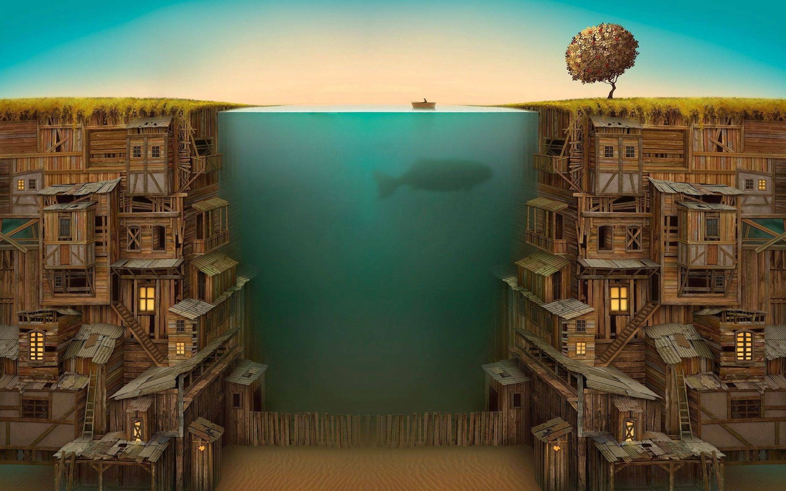 boat on body of water illustration split view abstract fish 2k