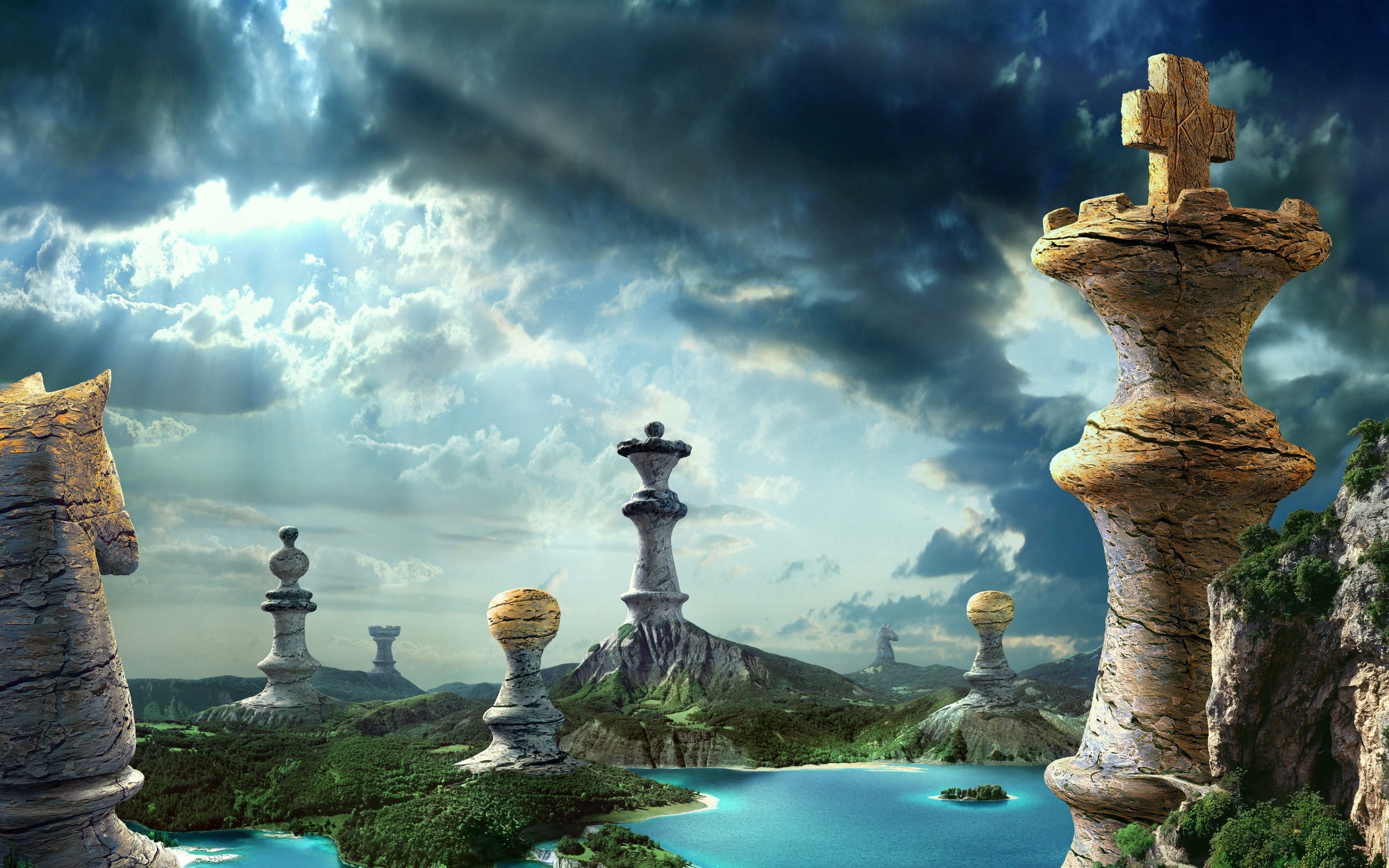 chess piece towers digital wallpapers fantasy art sky landscape 2k