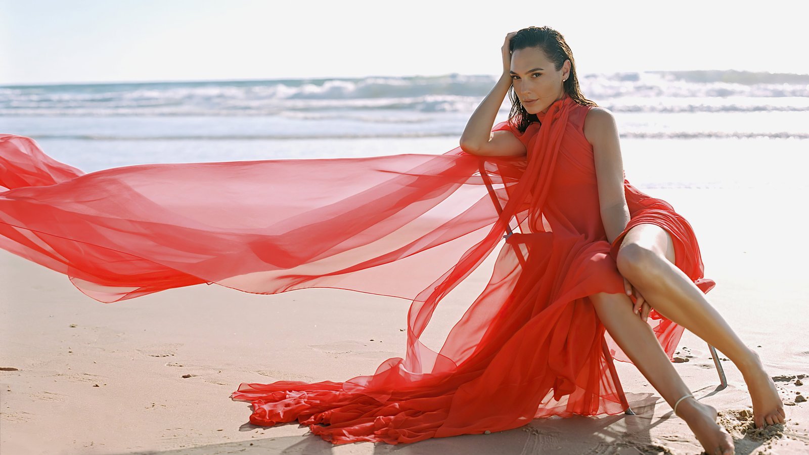 Gal Gadot actress brunette beach red dress legs looking at viewer 2k 4k