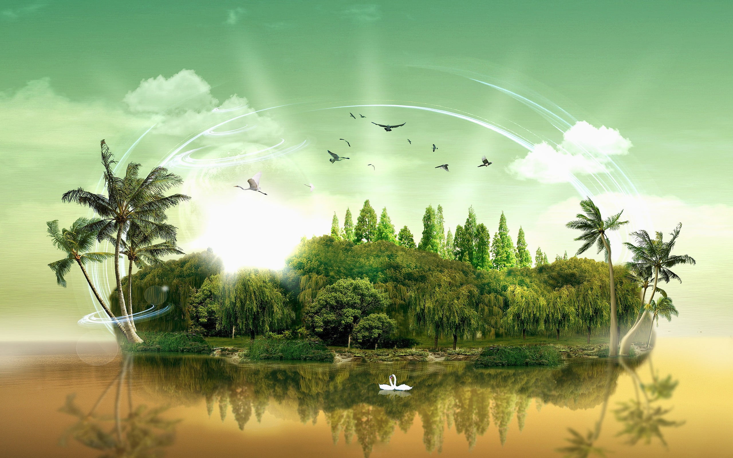 green island wallpaper artwork fantasy art swan digital 2k
