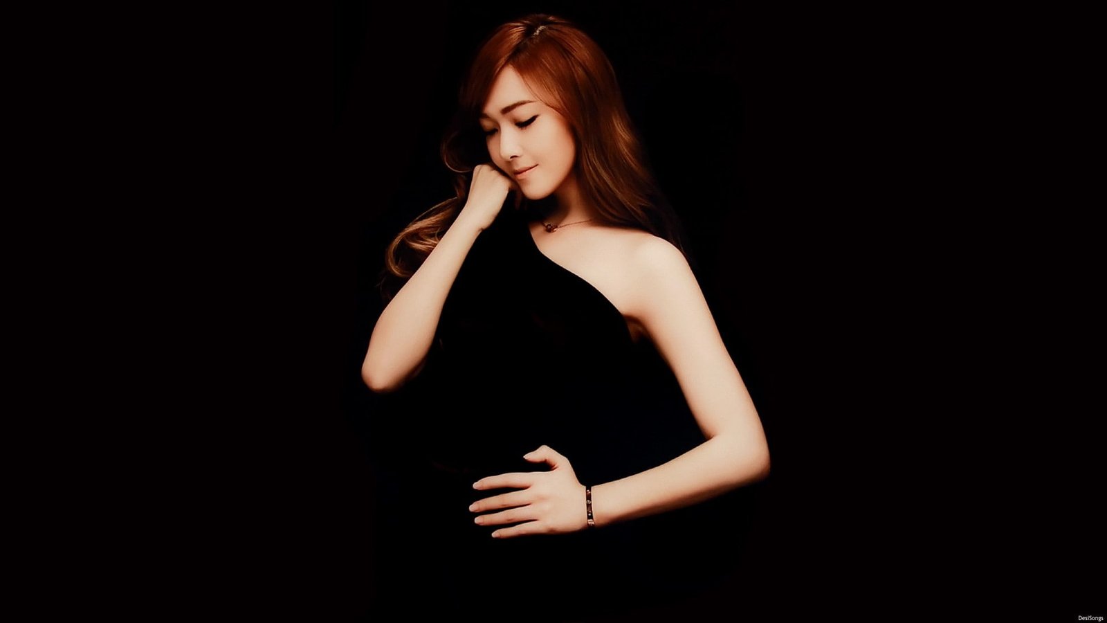 model SNSD long hair looking away singer Asian Korean black background wavy women redhead musician dress closed eyes Girls Generation Jessica Jung 2k