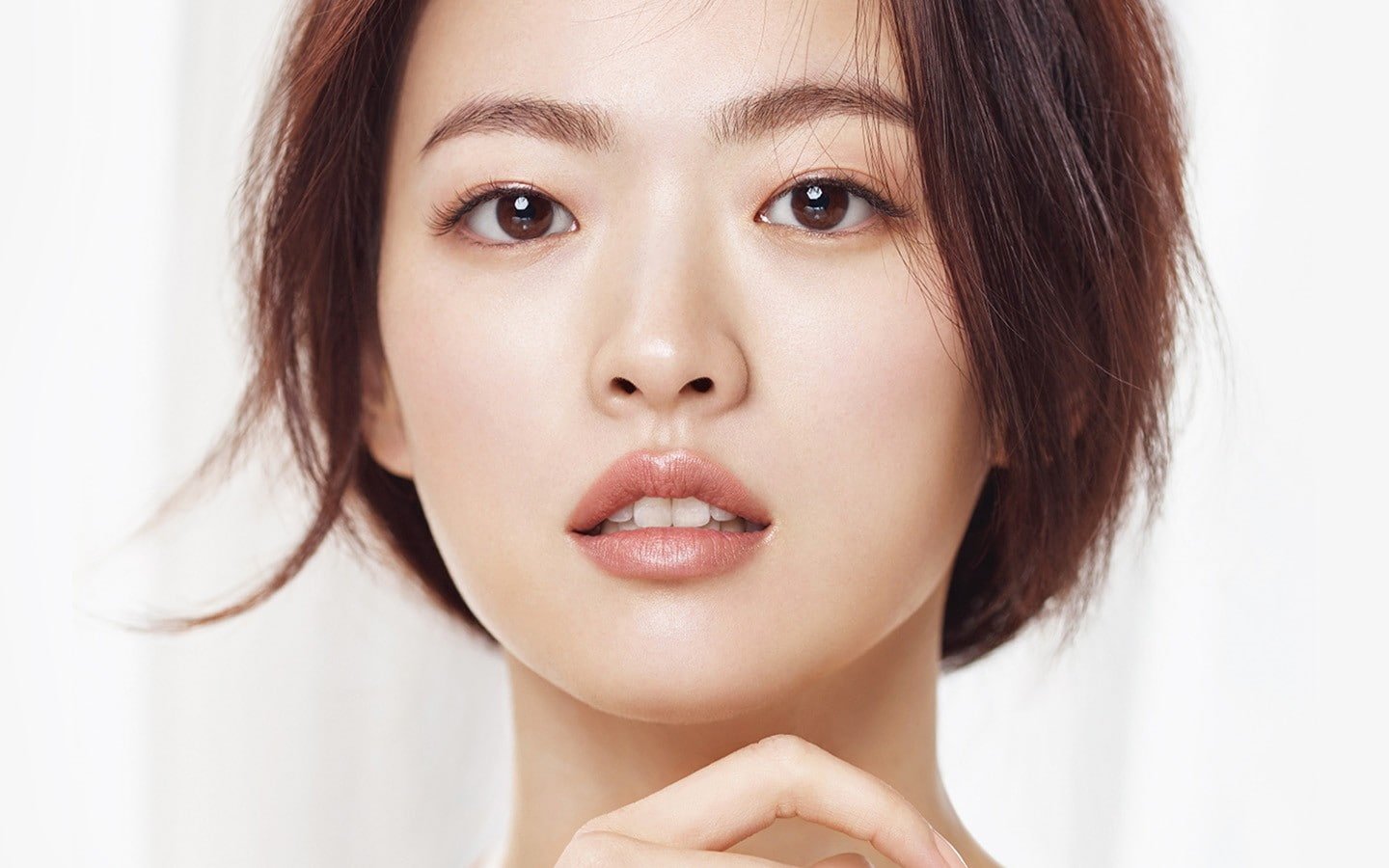 women model brunette face portrait short hair Asian looking at viewer