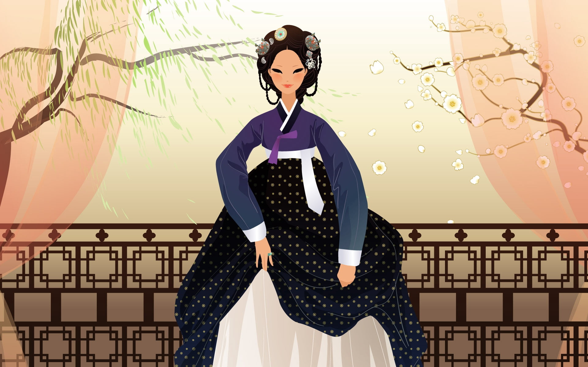 Korean traditional dress ilustration japanese woman evening 2k