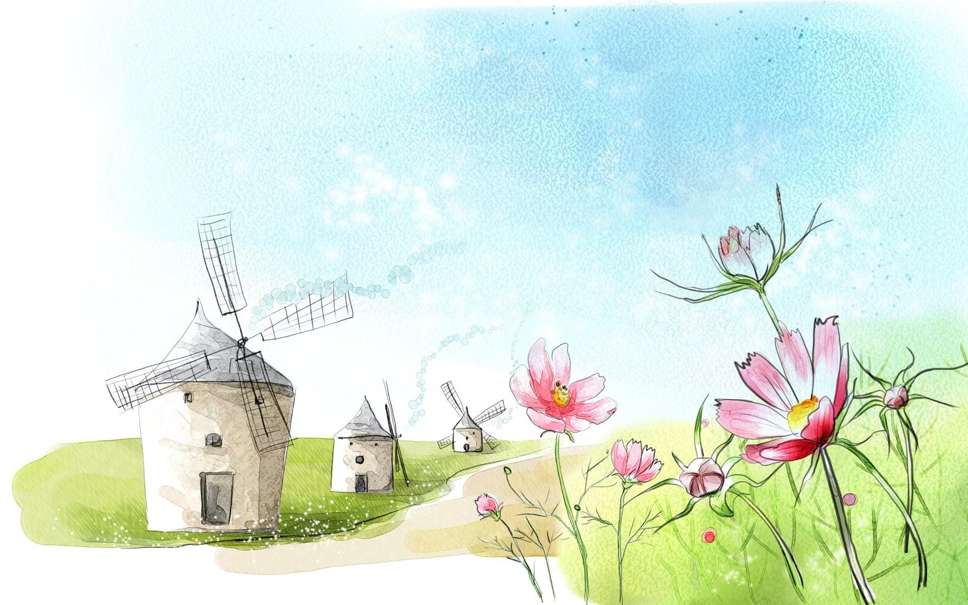 Mills beige and grey windmill near pink flowers painting landscape 2k