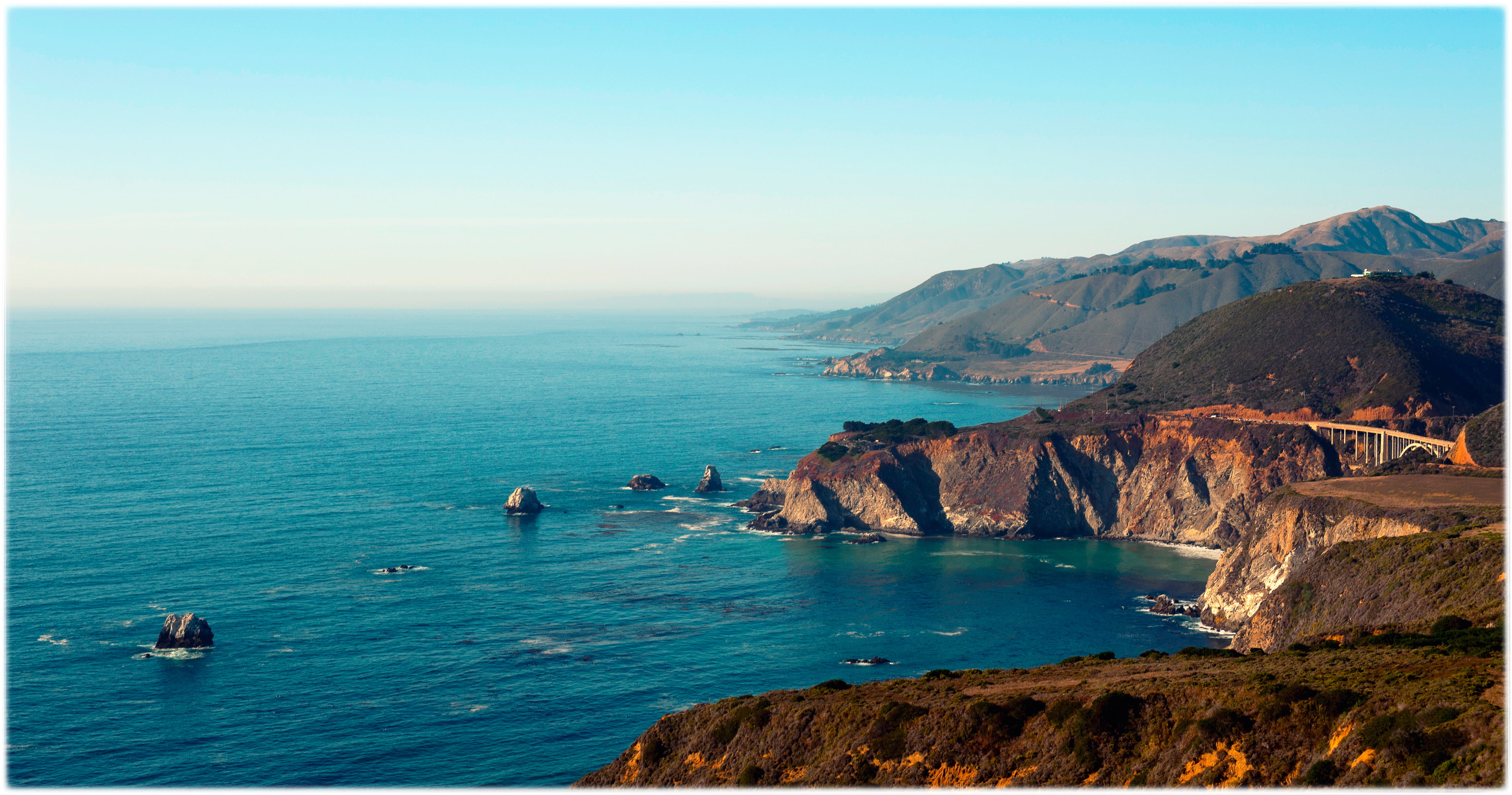 Big Sur California hills cliffs Bay the Bixby bridge coniferous forests 2k 4k