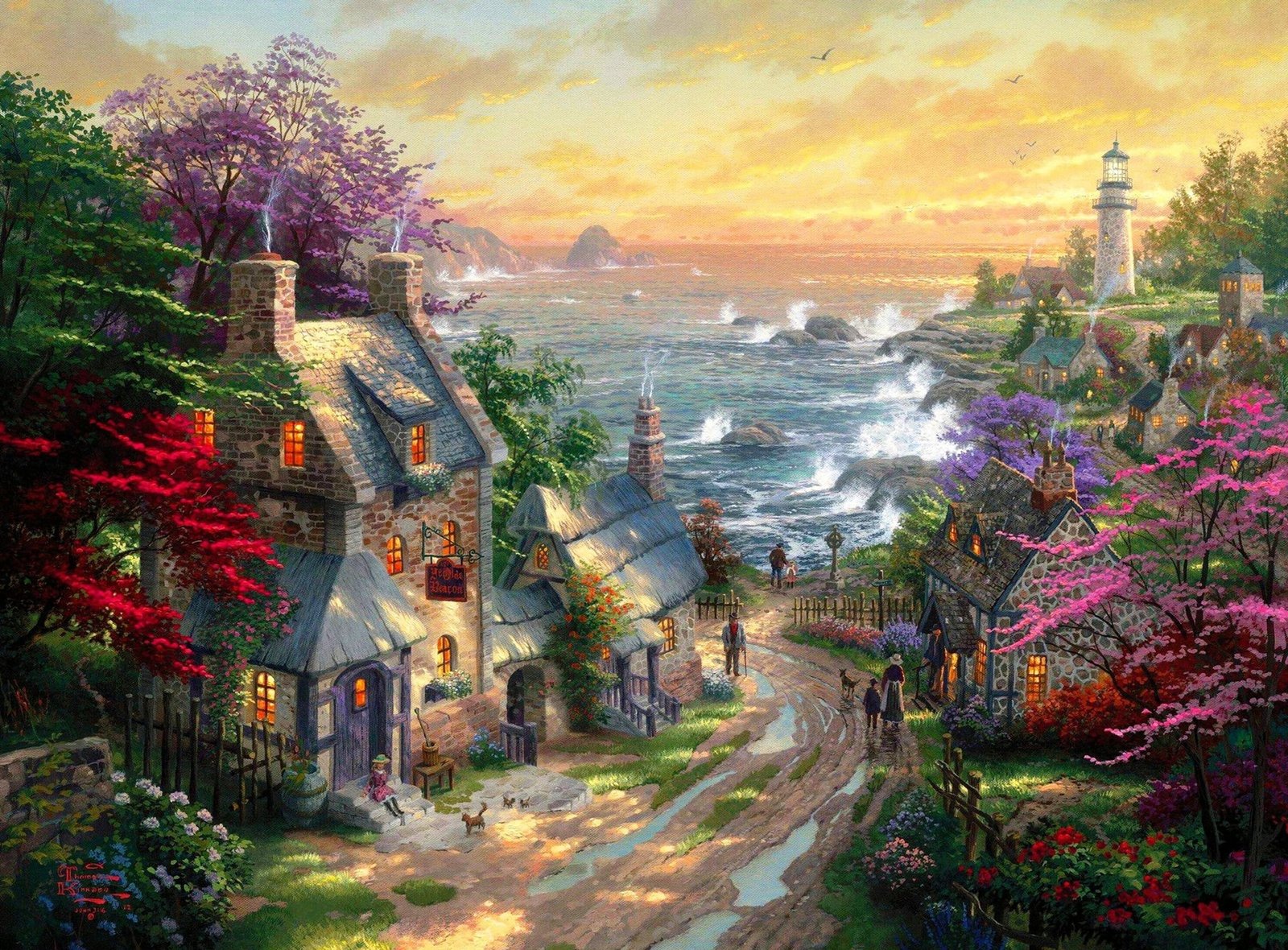 house illustration road sea lighthouse home village puddles 2k
